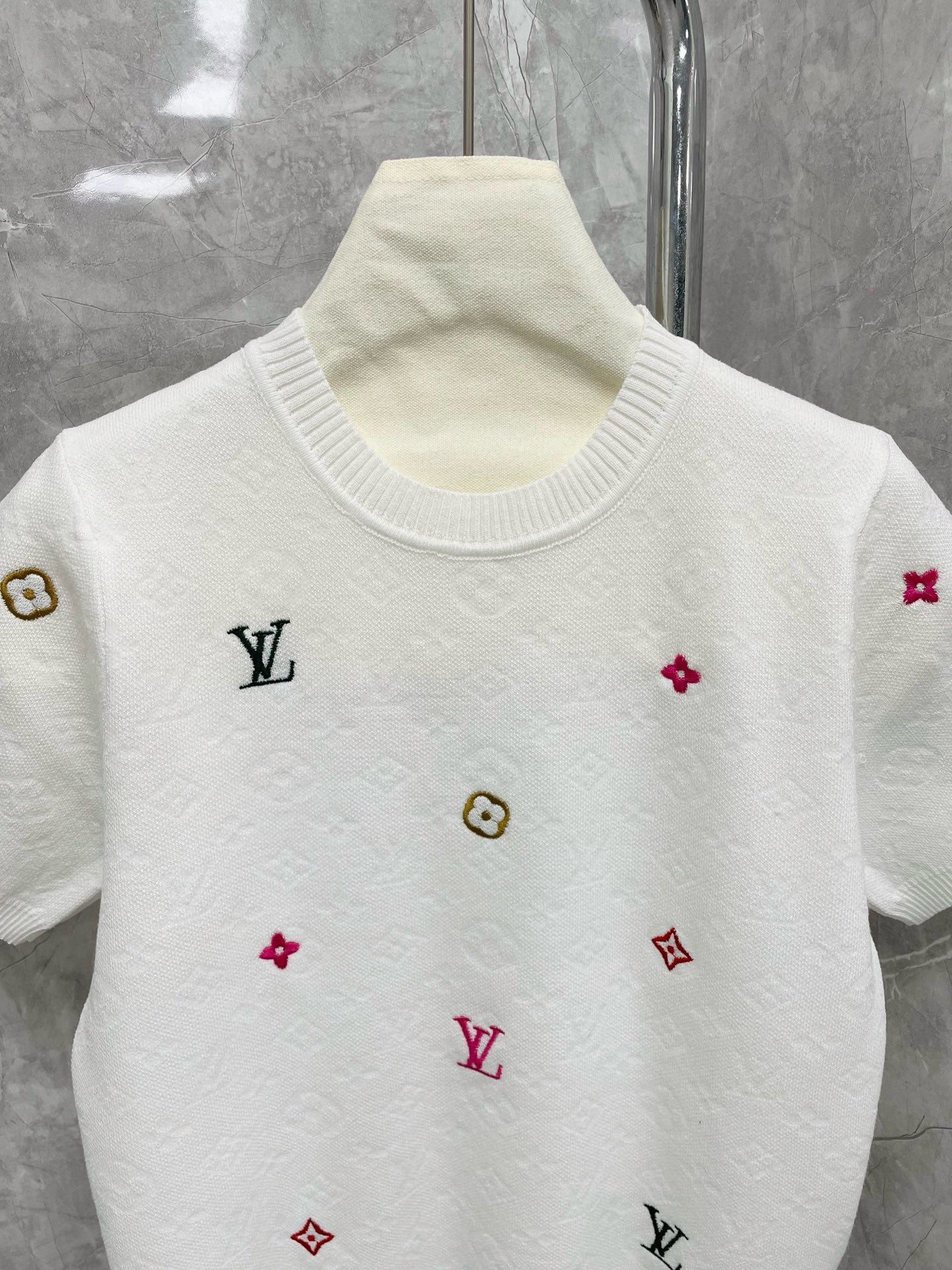 25 new letter old flower intarsia colorful embroidery embellished round neck short sleeves