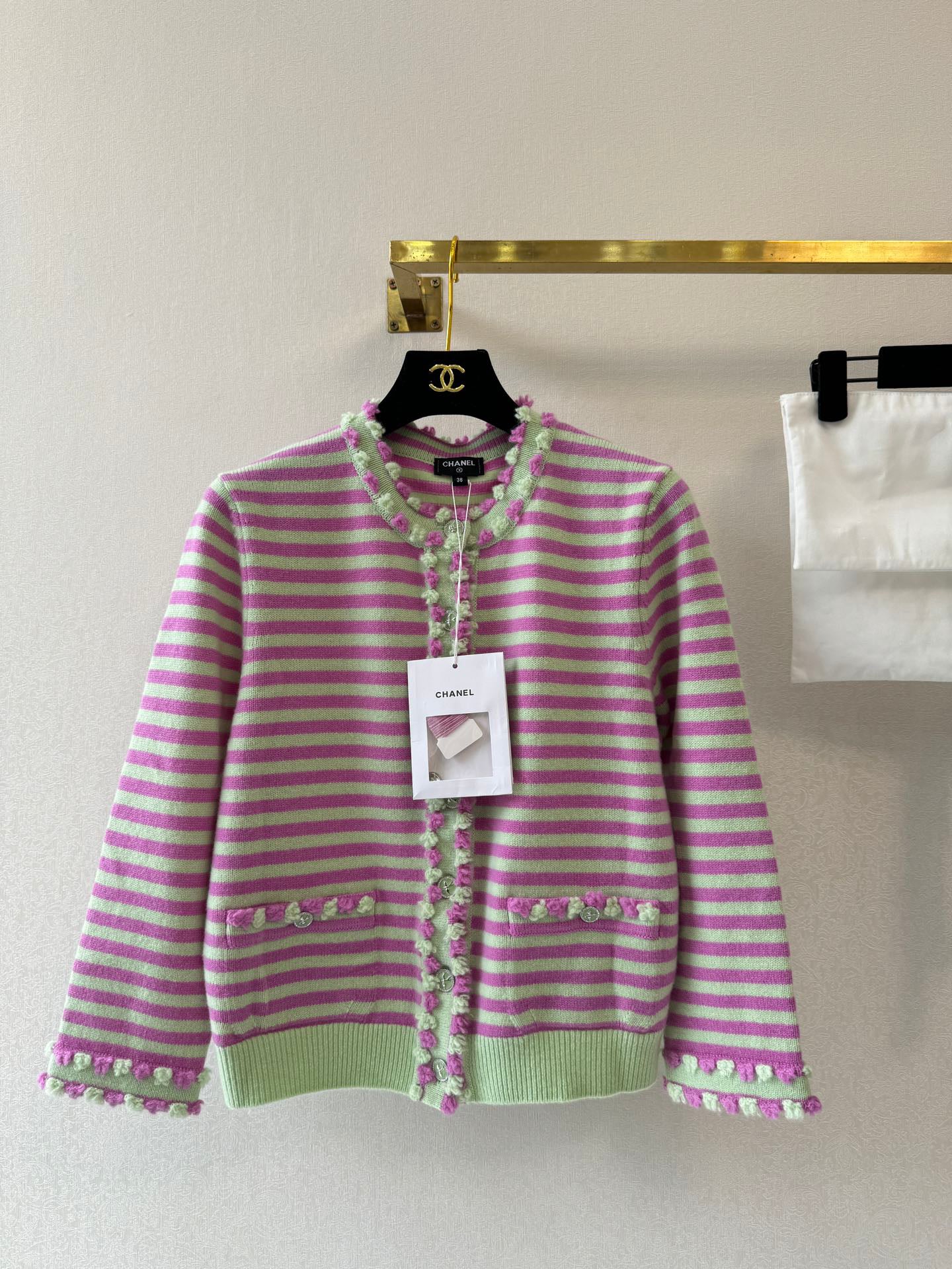 25 Pink green striped knitted cardigan
