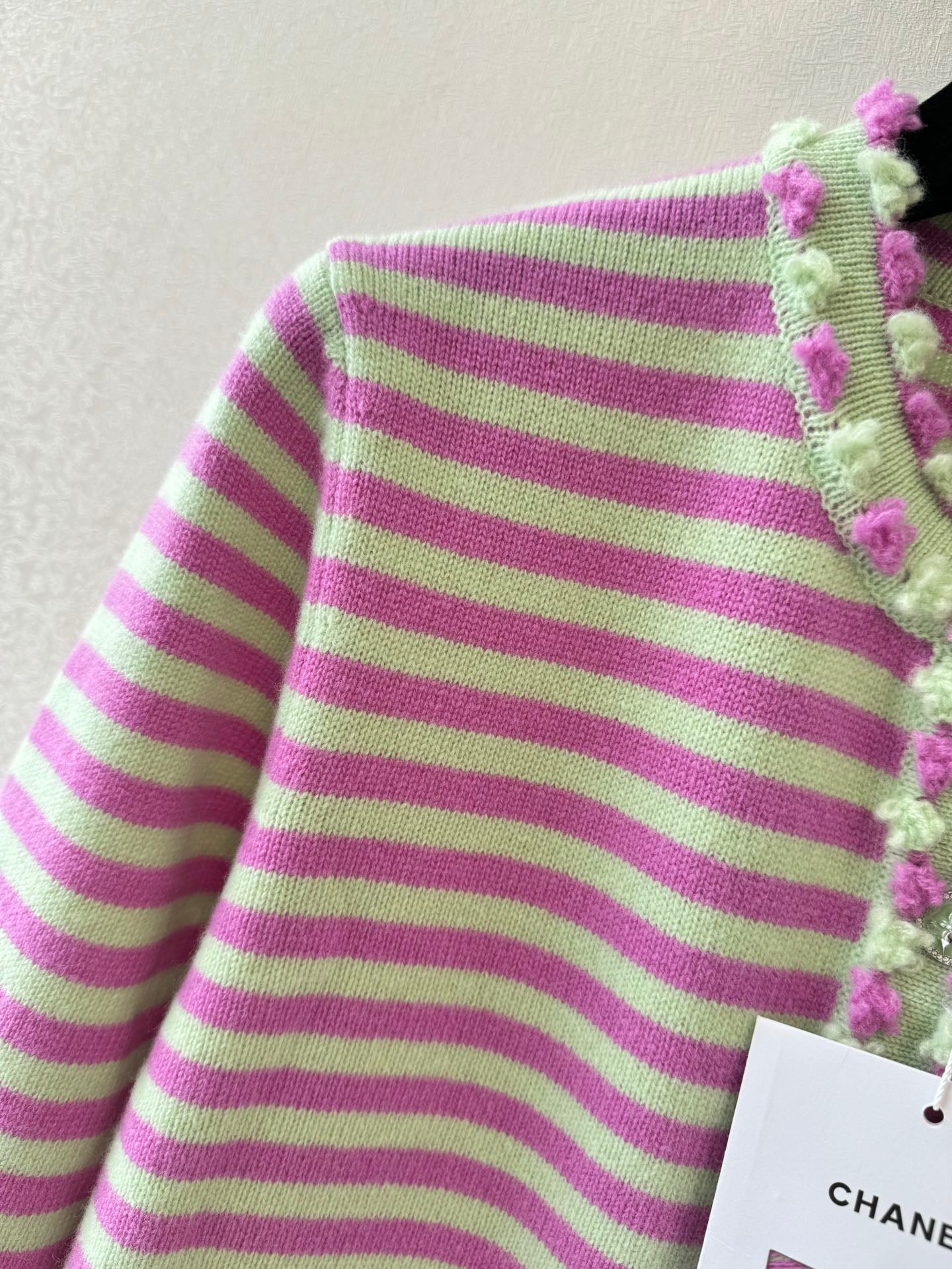 25 Pink green striped knitted cardigan