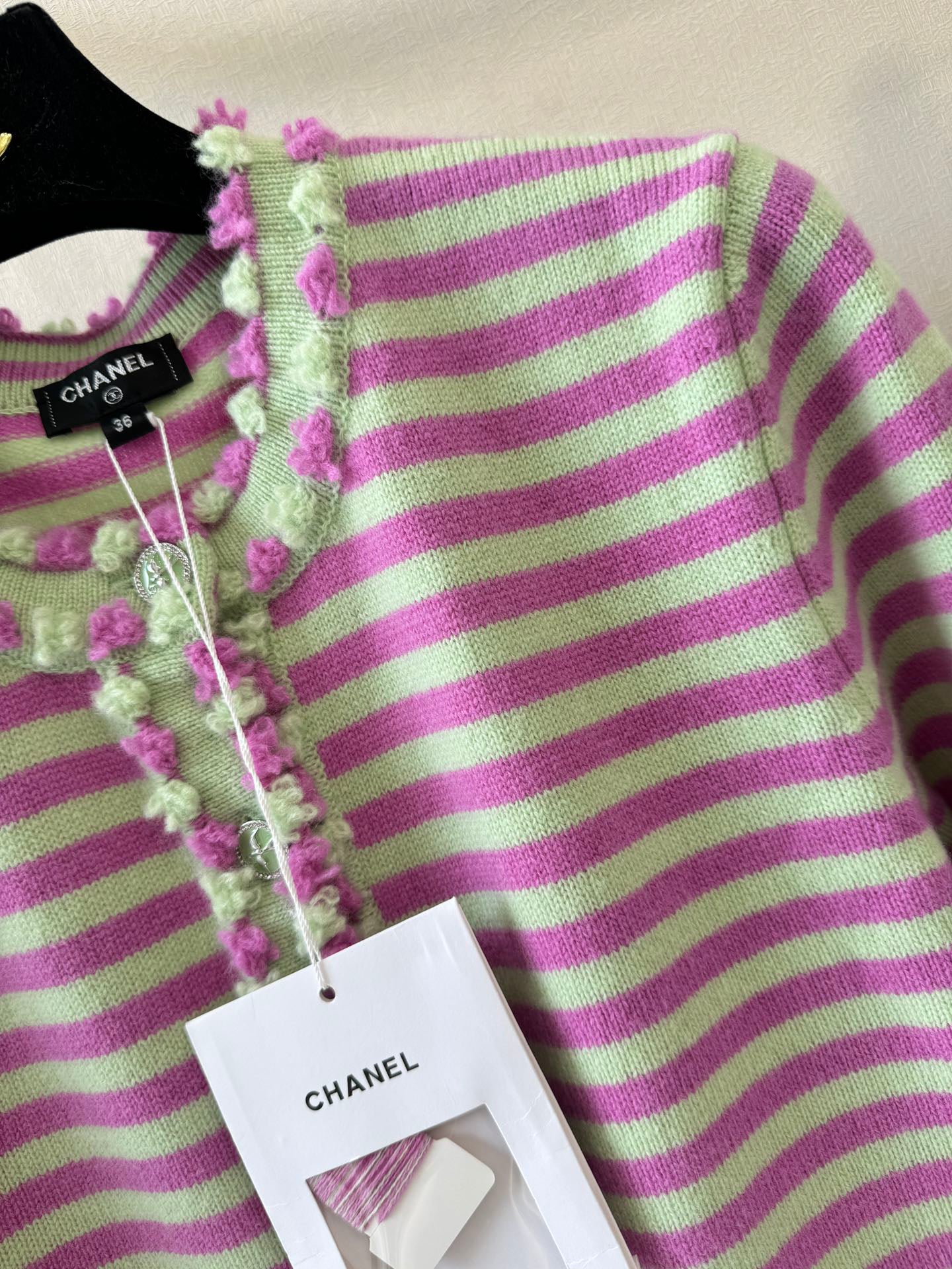 25 Pink green striped knitted cardigan