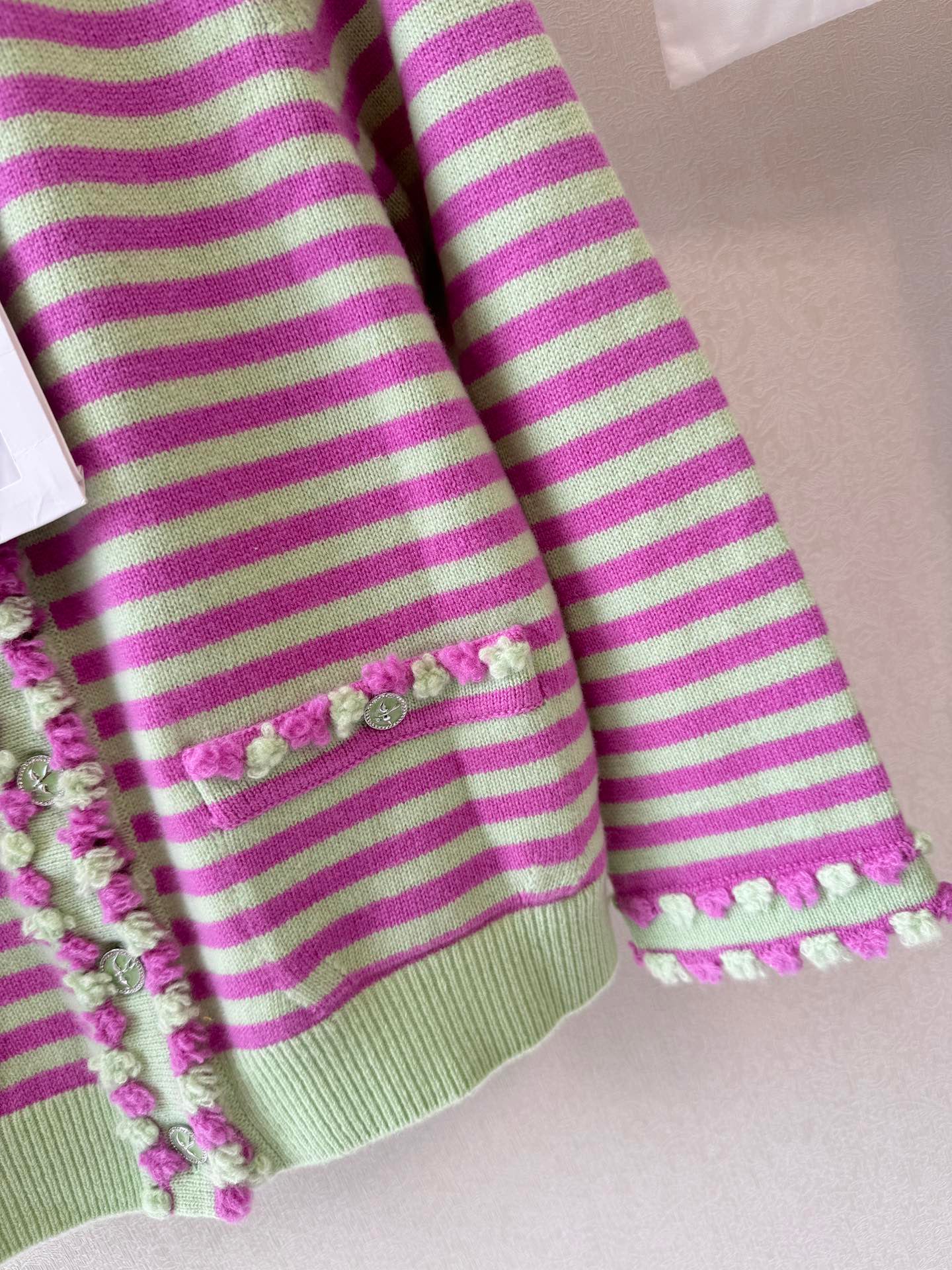 25 Pink green striped knitted cardigan