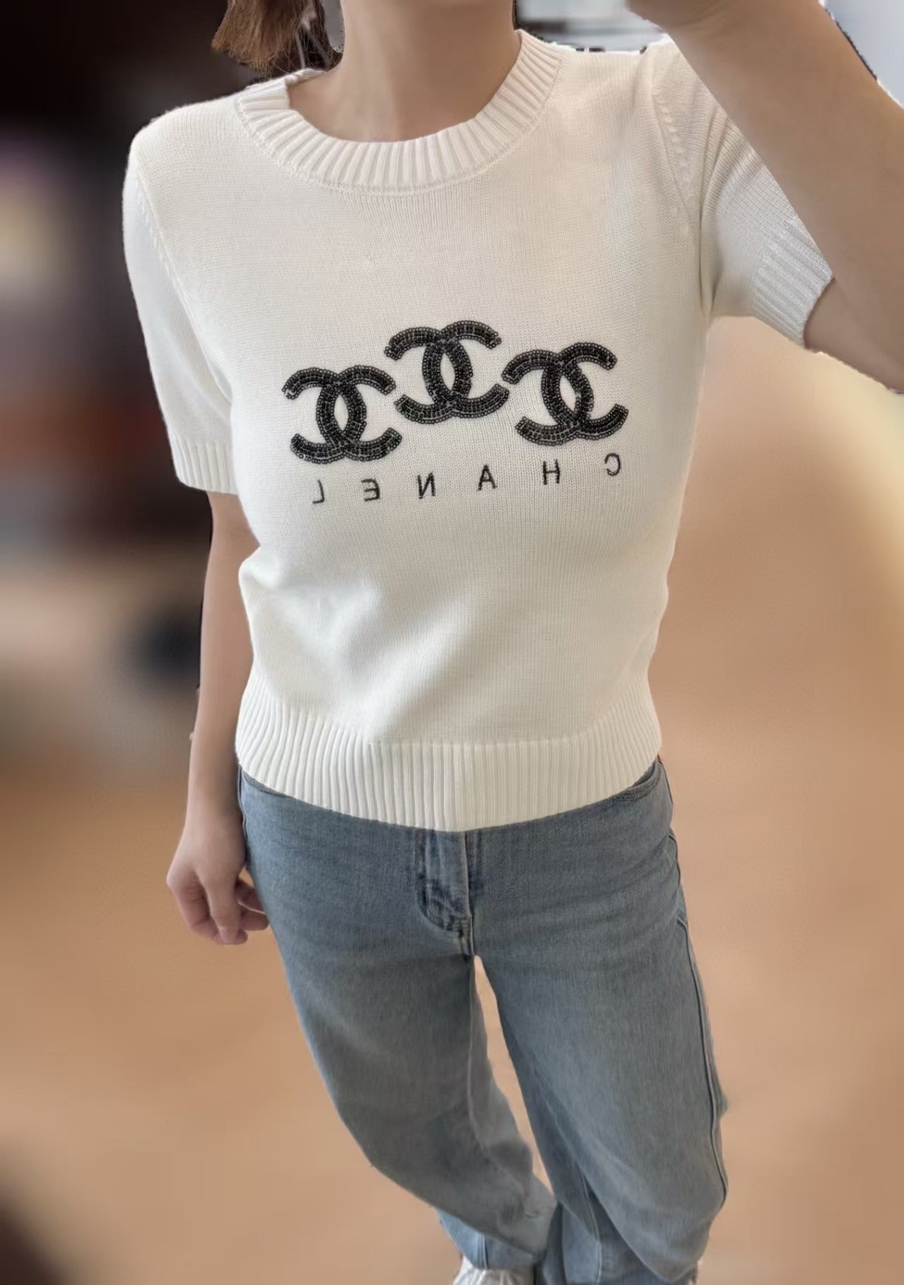 25 New double C letter sequin embroidery round neck short sleeves
