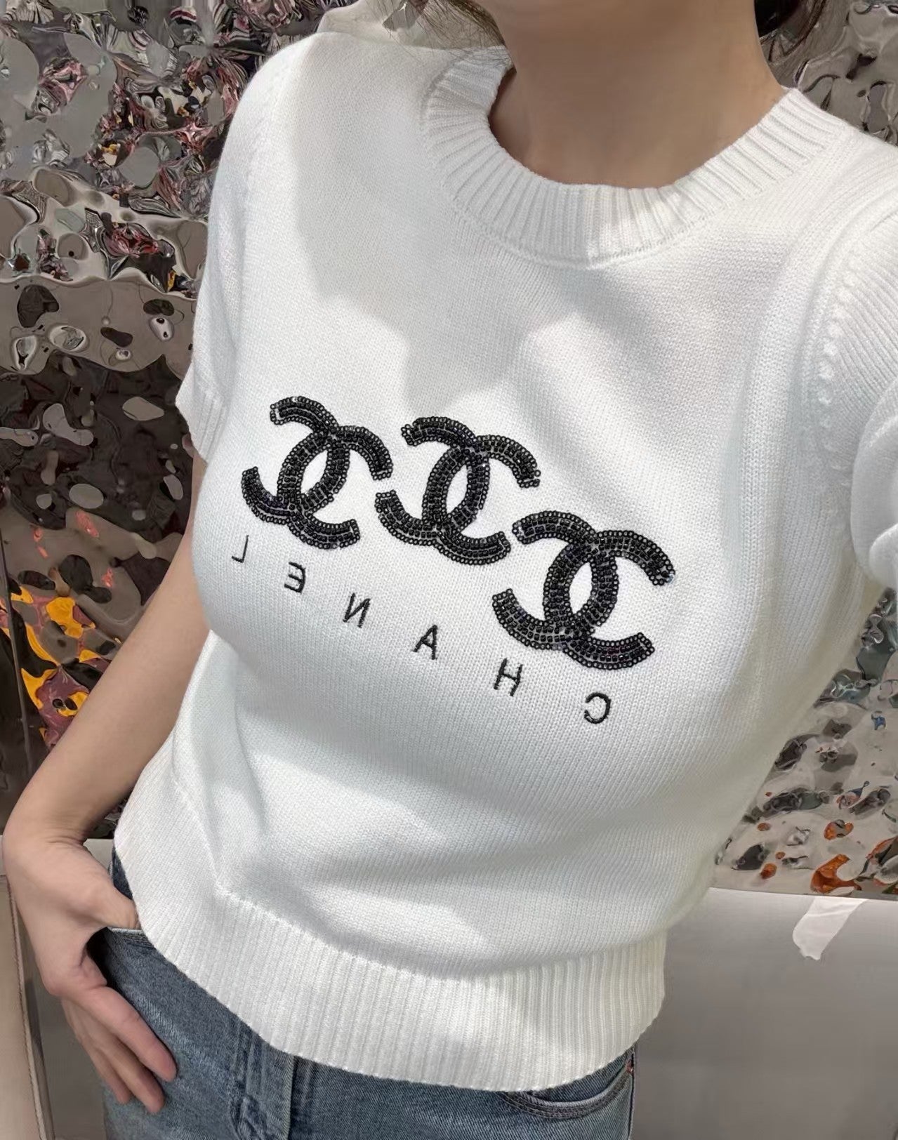 25 New double C letter sequin embroidery round neck short sleeves