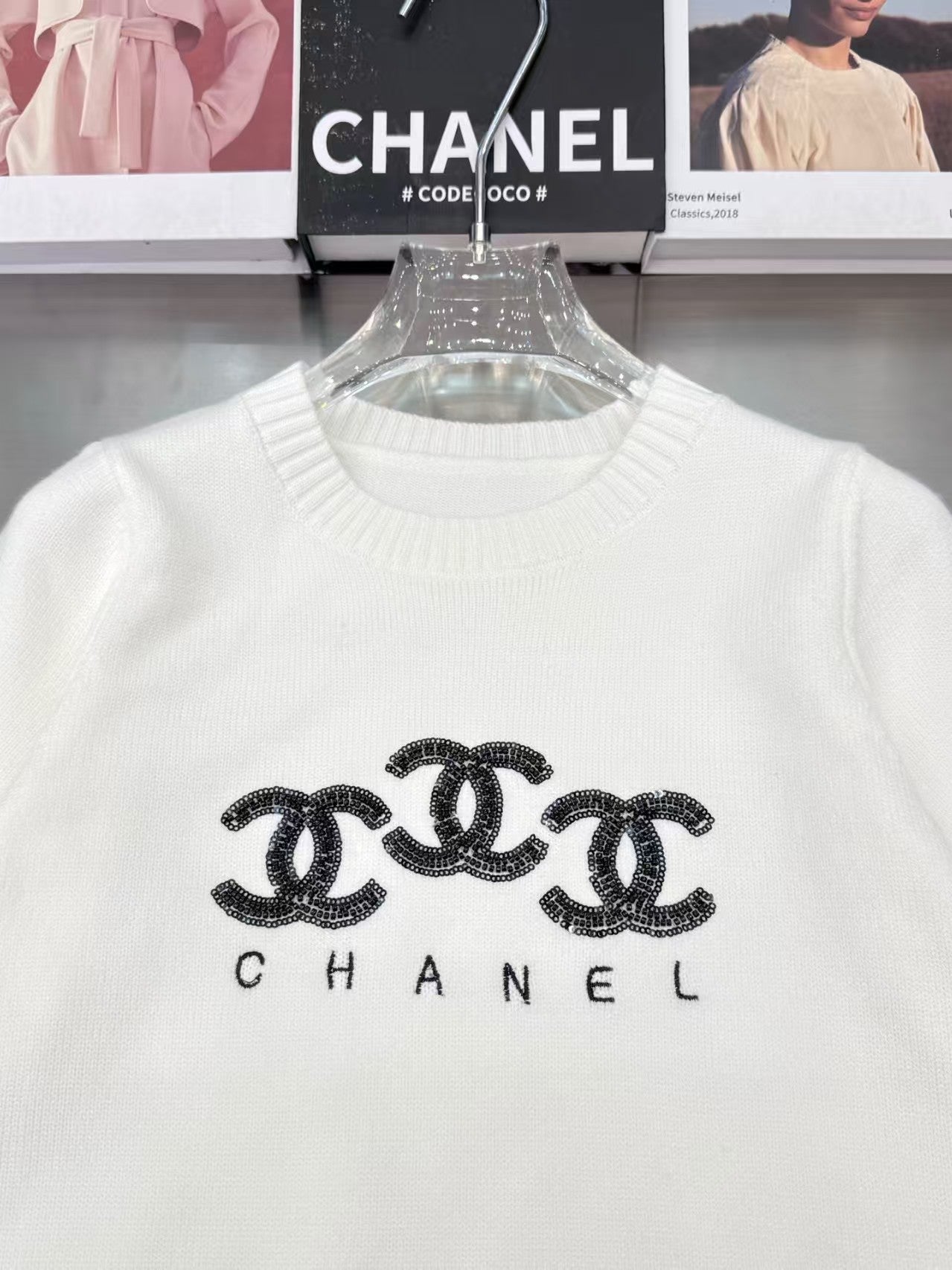 25 New double C letter sequin embroidery round neck short sleeves