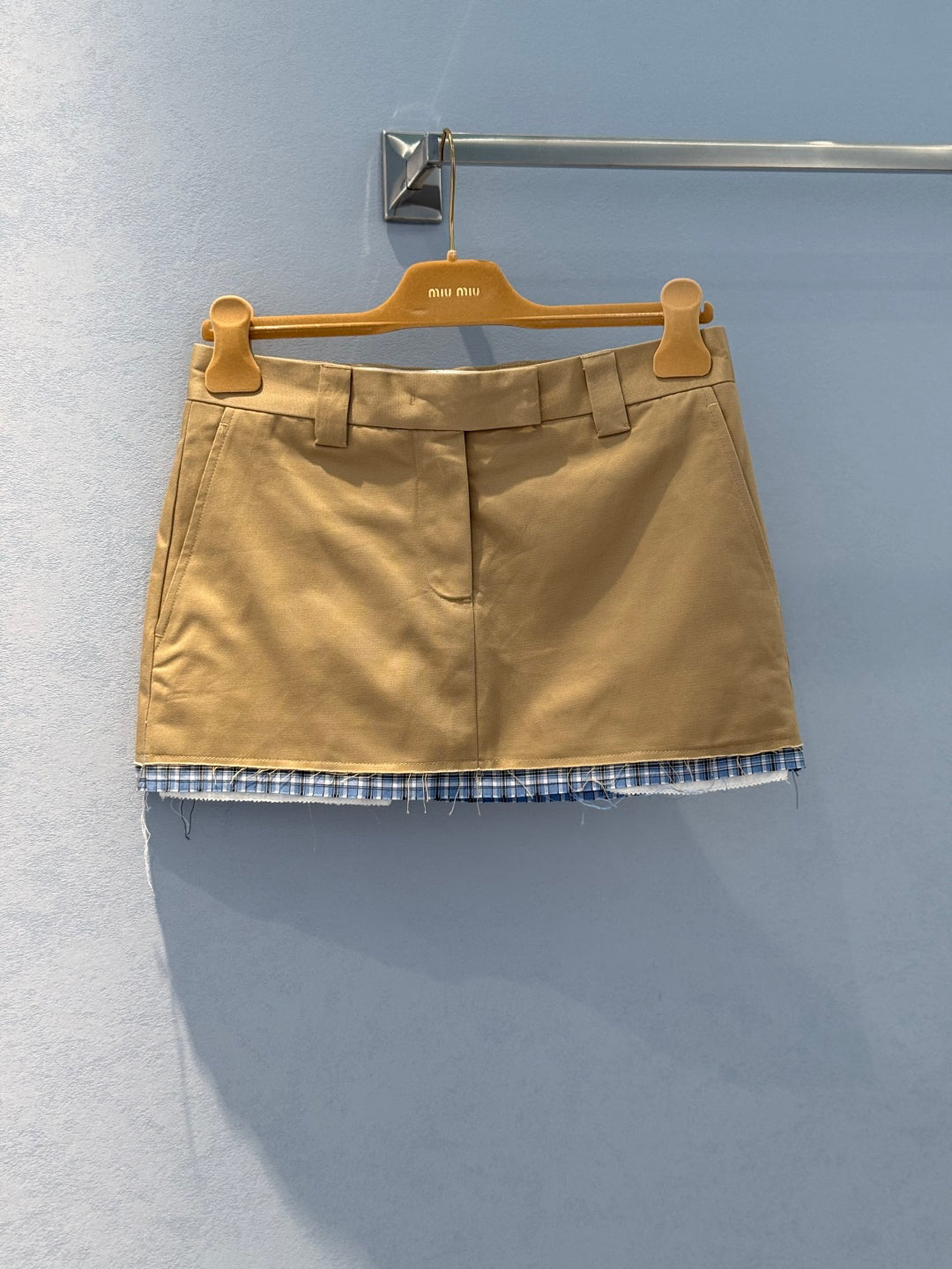 25 Blue plaid spliced khaki half skirt