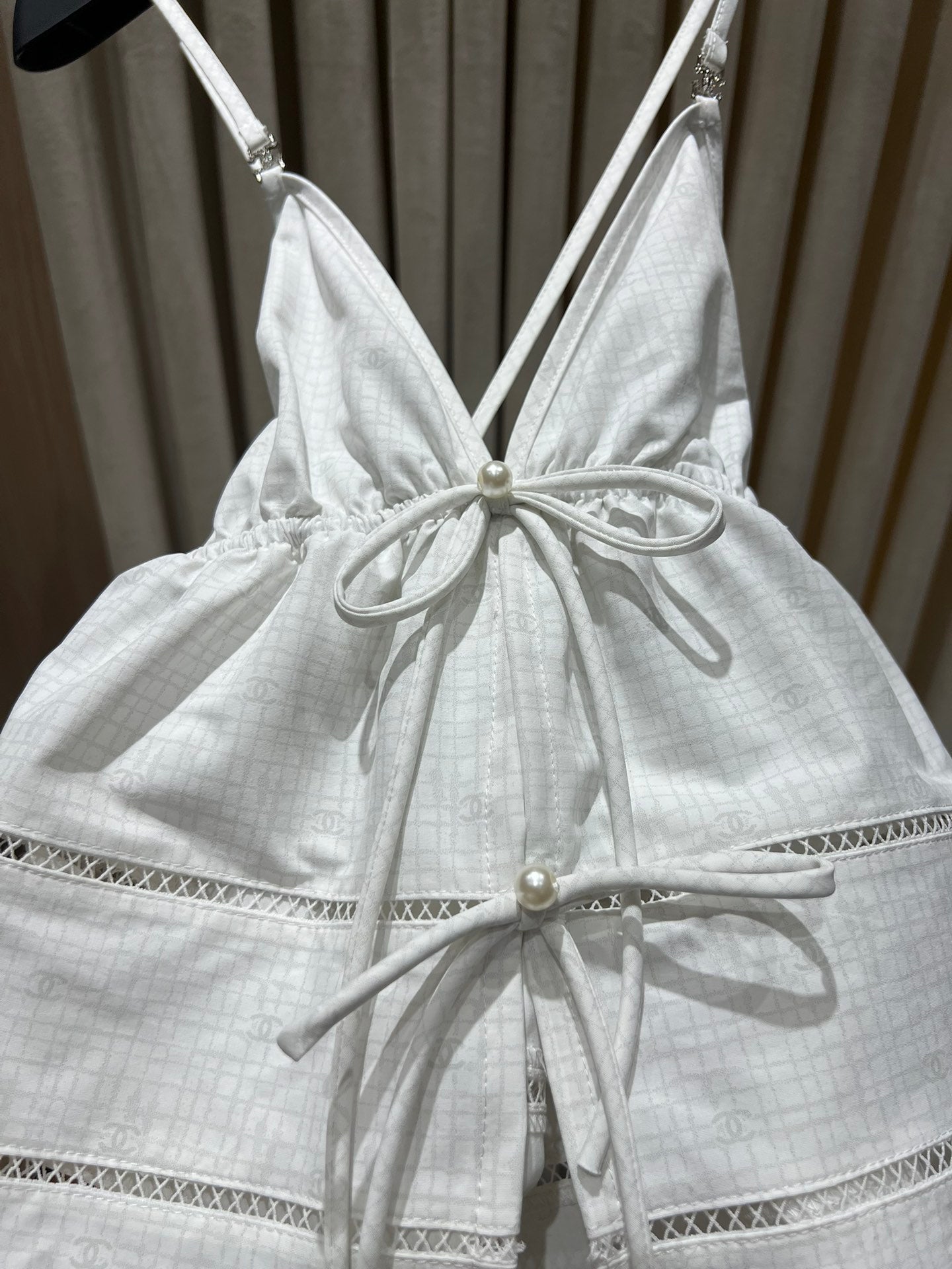 25 Spring and summer pearl hollow bow camisole vest+shorts