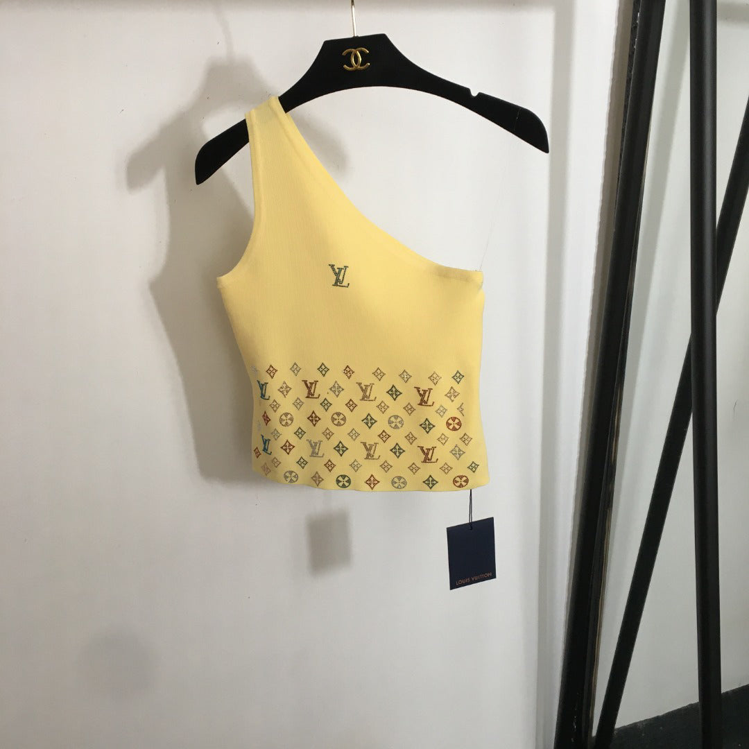 25 new style hot diamond logo off-shoulder knitted vest