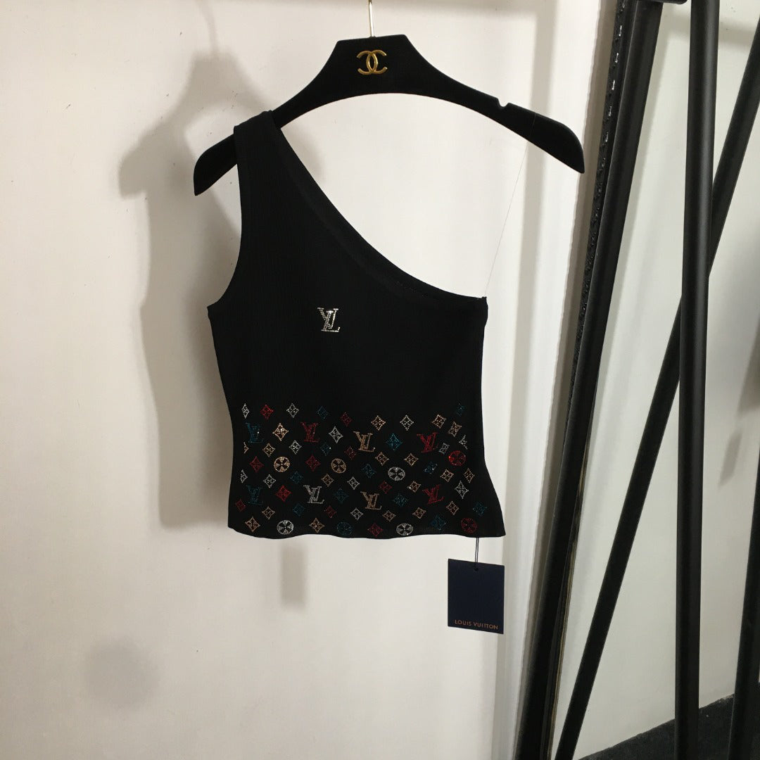 25 new style hot diamond logo off-shoulder knitted vest