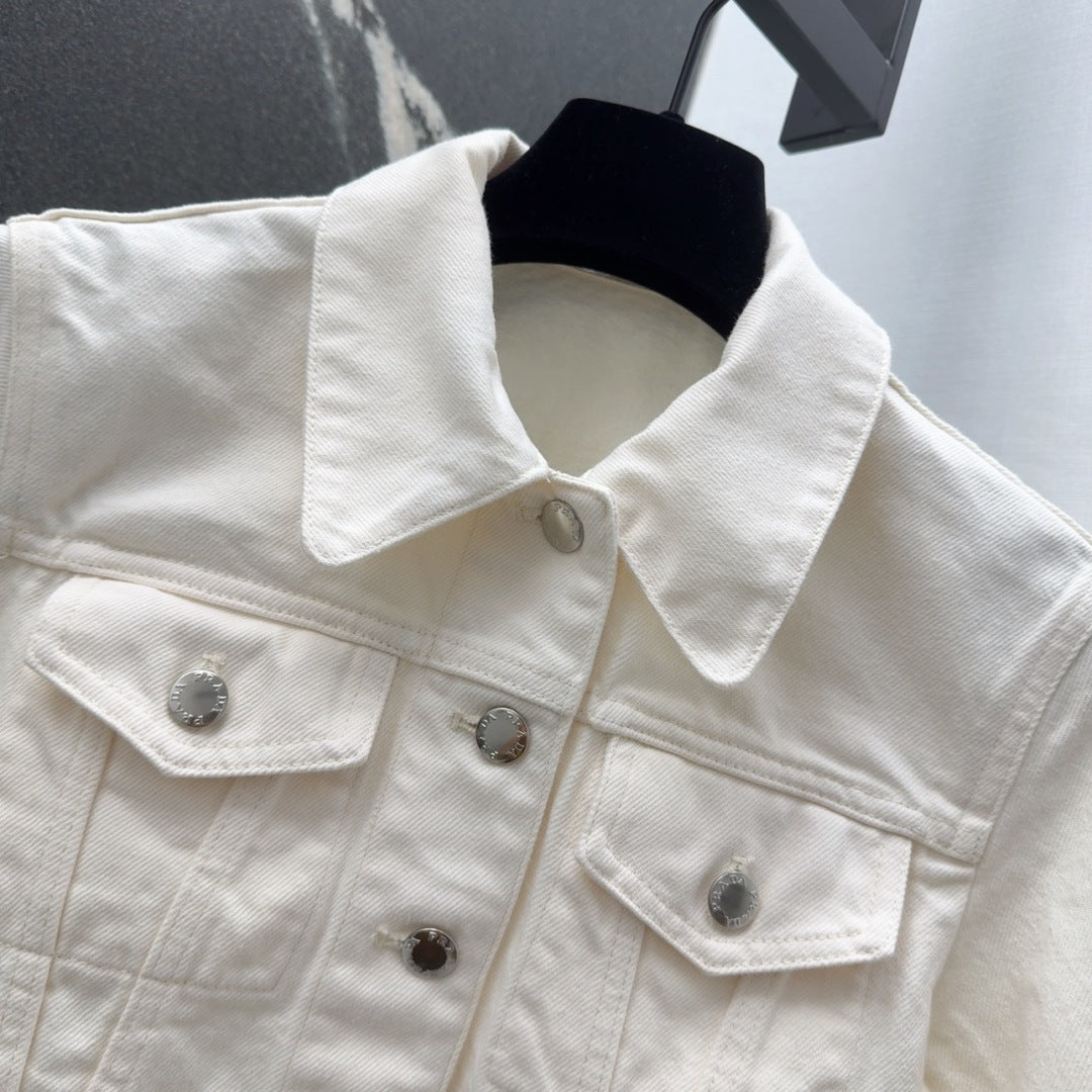 p 25 Spring and Summer Three-quarter Sleeve Super Short White Denim Jacket Set