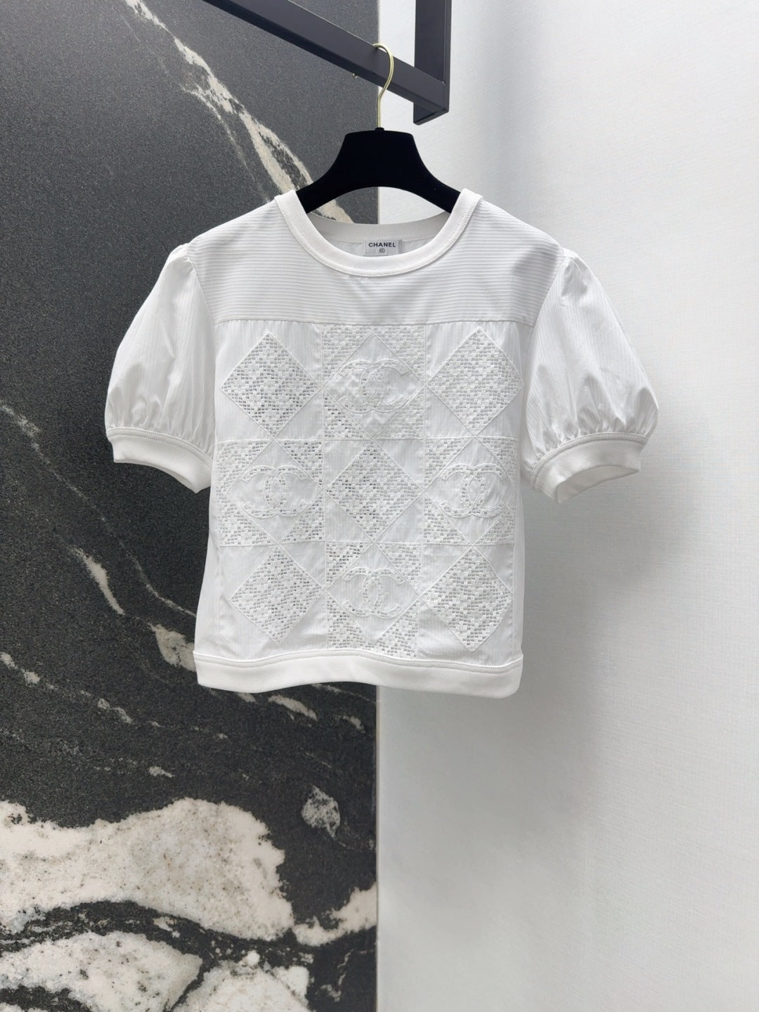 25 Hollow embroidery bubble sleeve striped top short sleeved