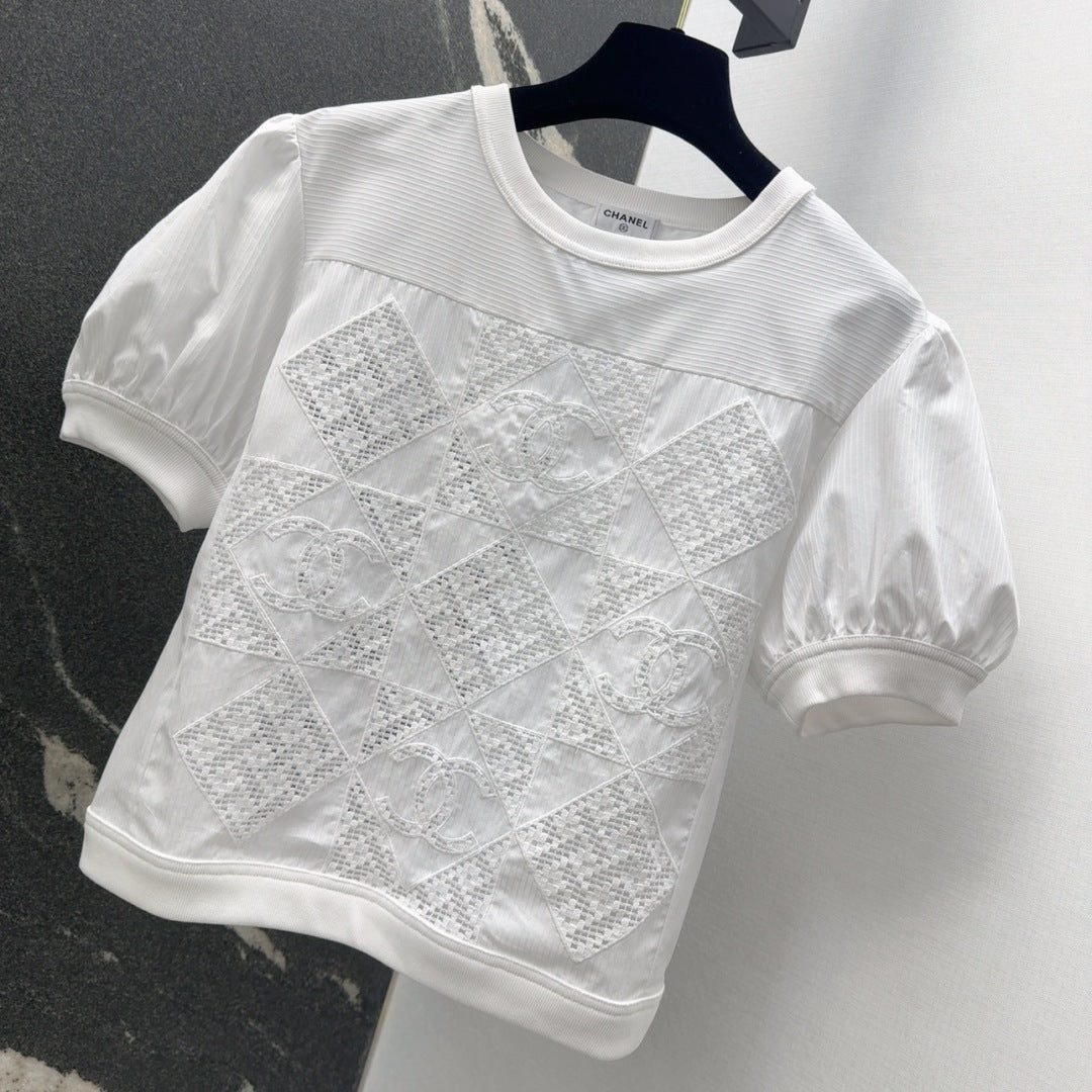 25 Hollow embroidery bubble sleeve striped top short sleeved