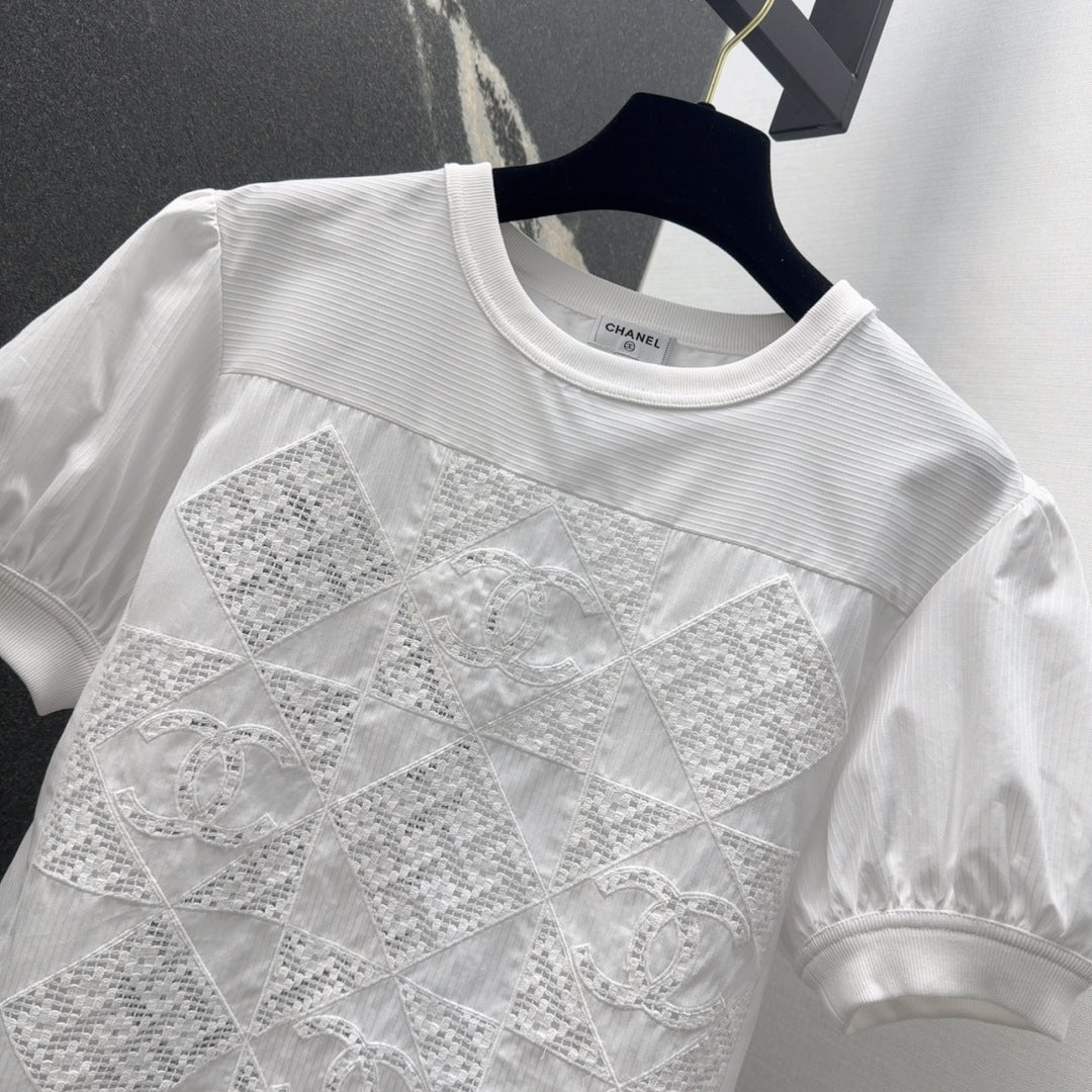 25 Hollow embroidery bubble sleeve striped top short sleeved