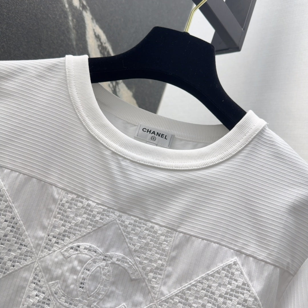 25 Hollow embroidery bubble sleeve striped top short sleeved