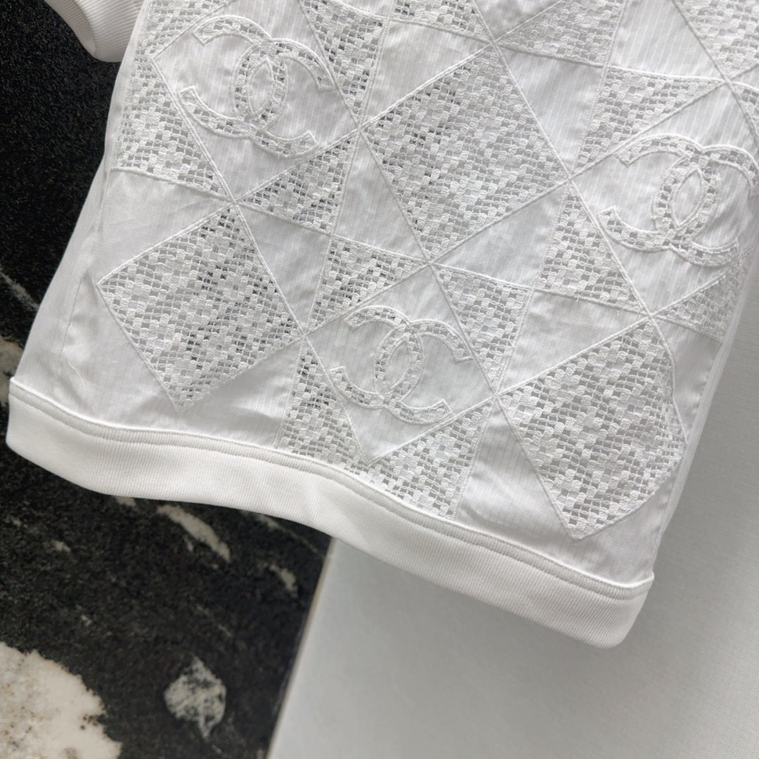 25 Hollow embroidery bubble sleeve striped top short sleeved