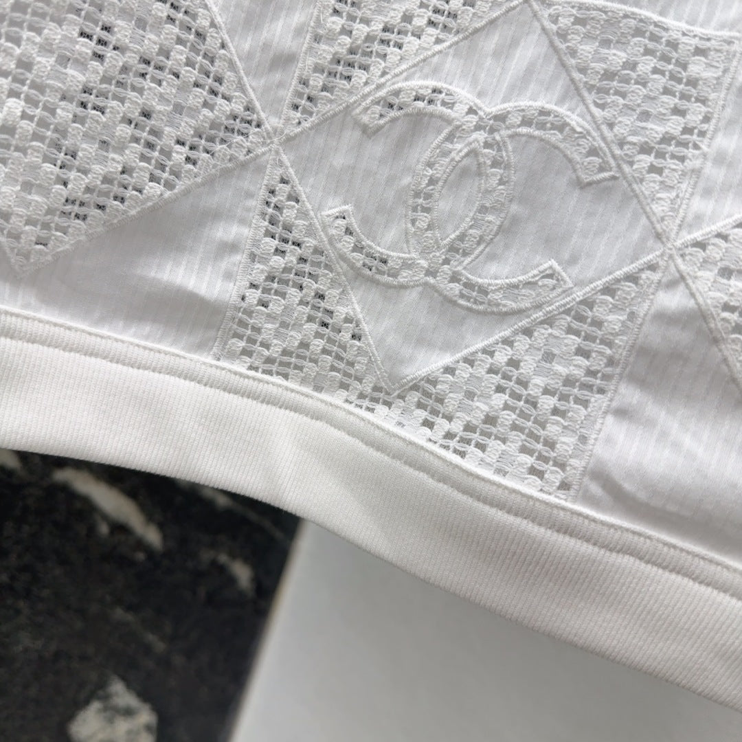 25 Hollow embroidery bubble sleeve striped top short sleeved