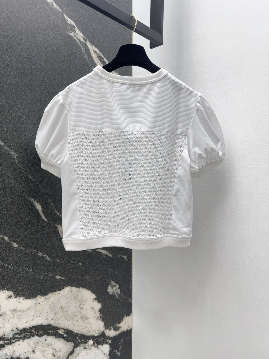 25 Hollow embroidery bubble sleeve striped top short sleeved