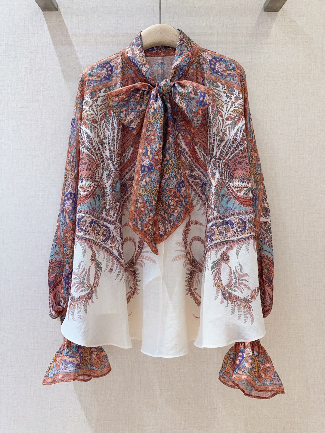 25 Summer New Arrivals Cream Paisley Pattern Tie Neck Long Sleeve Shirt