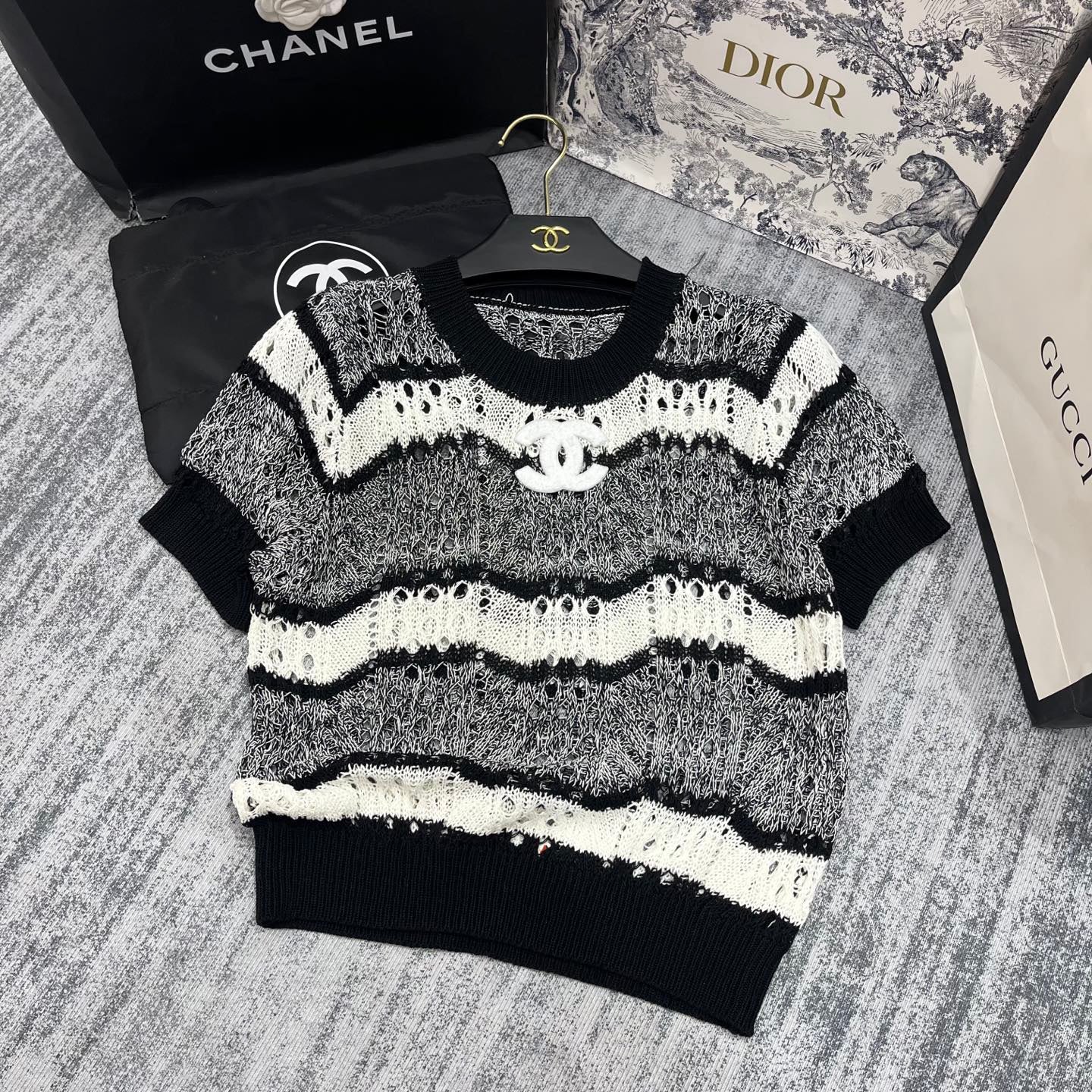 25 Spring and Summer New Mixed Color Striped Hollow Short Sleeves