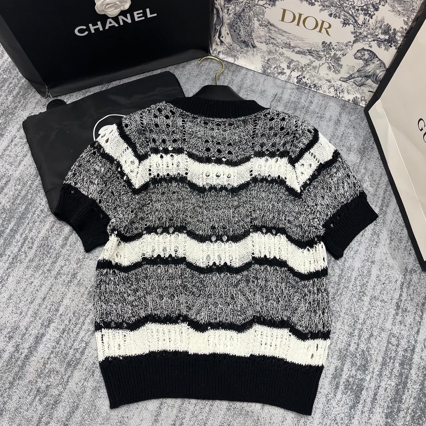 25 Spring and Summer New Mixed Color Striped Hollow Short Sleeves