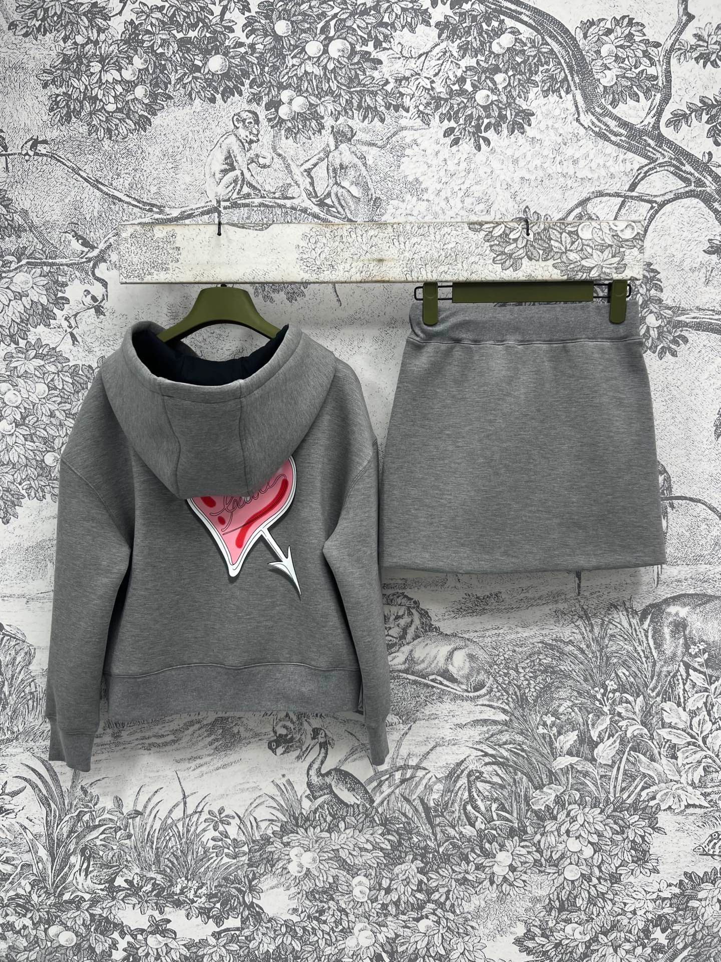25 Spring and Summer New Love Embroidery Space Cotton Hooded Top Jacket + Elastic Waist Skirt