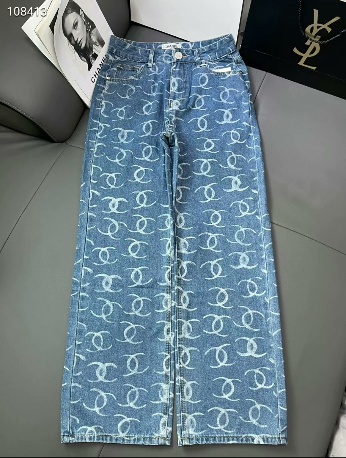 C 25 Full print double c back pocket hand studded sequin jeans