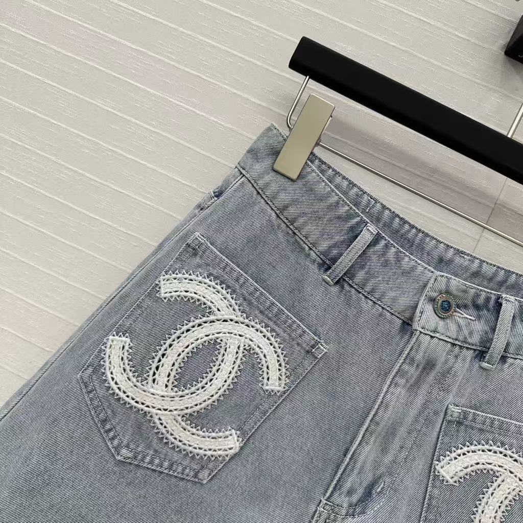 25SS Beach Series Double C Hollow Water soluble Flower Embroidered Cowboy Shorts