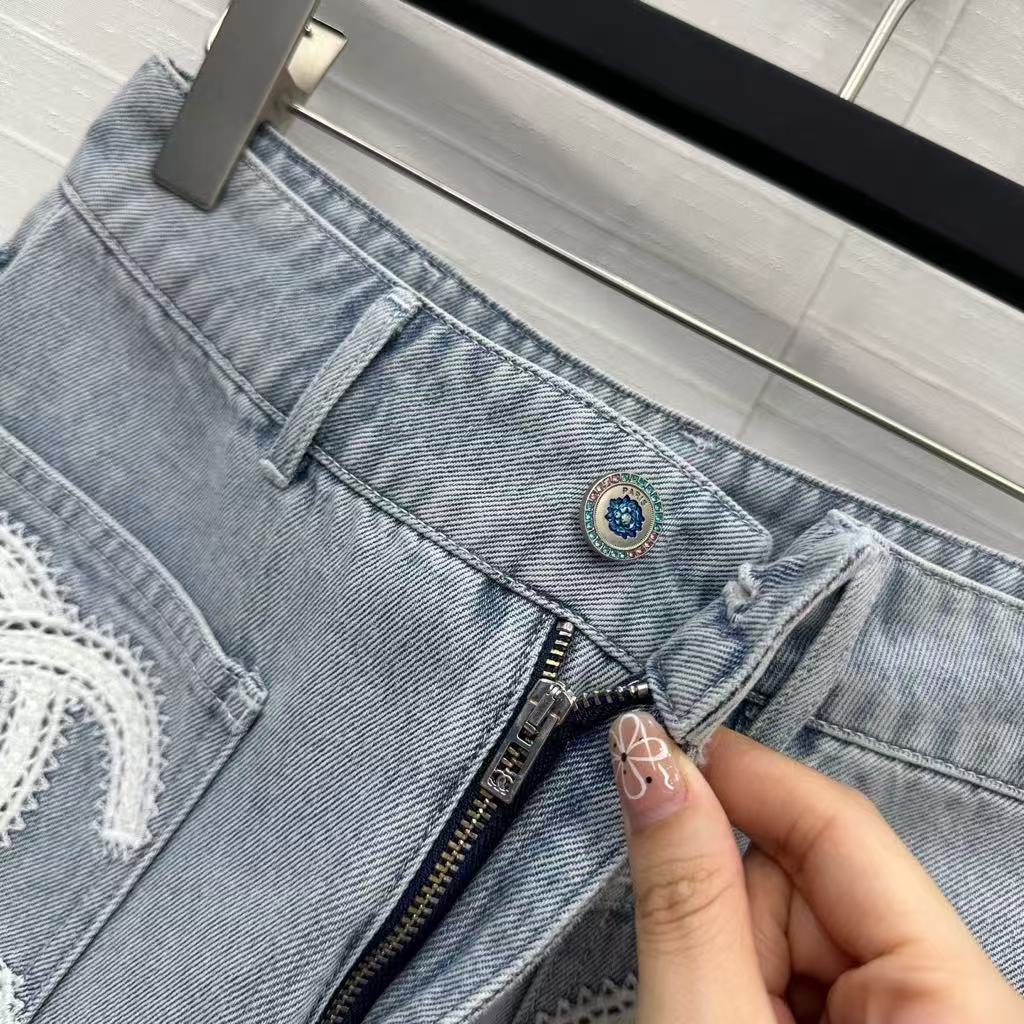 25SS Beach Series Double C Hollow Water soluble Flower Embroidered Cowboy Shorts