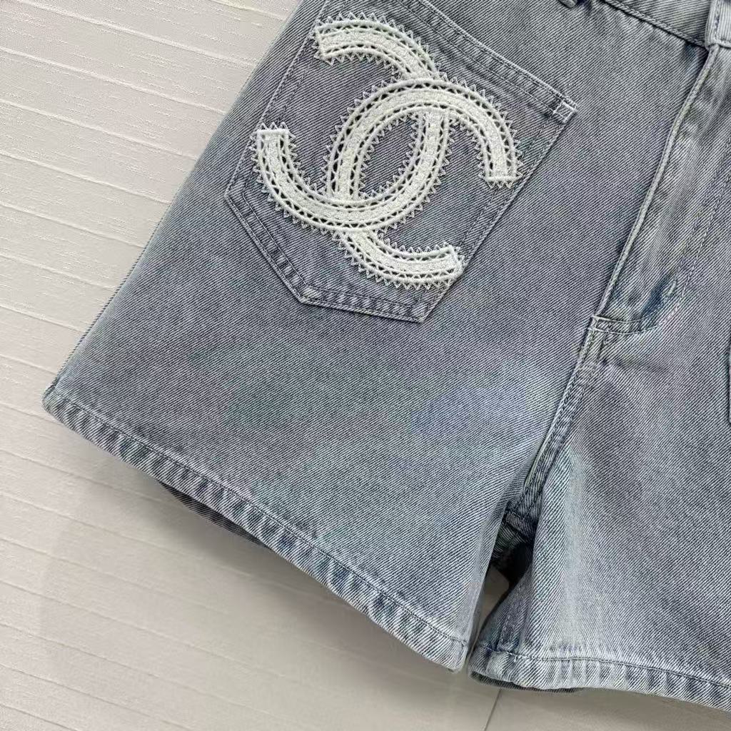 25SS Beach Series Double C Hollow Water soluble Flower Embroidered Cowboy Shorts