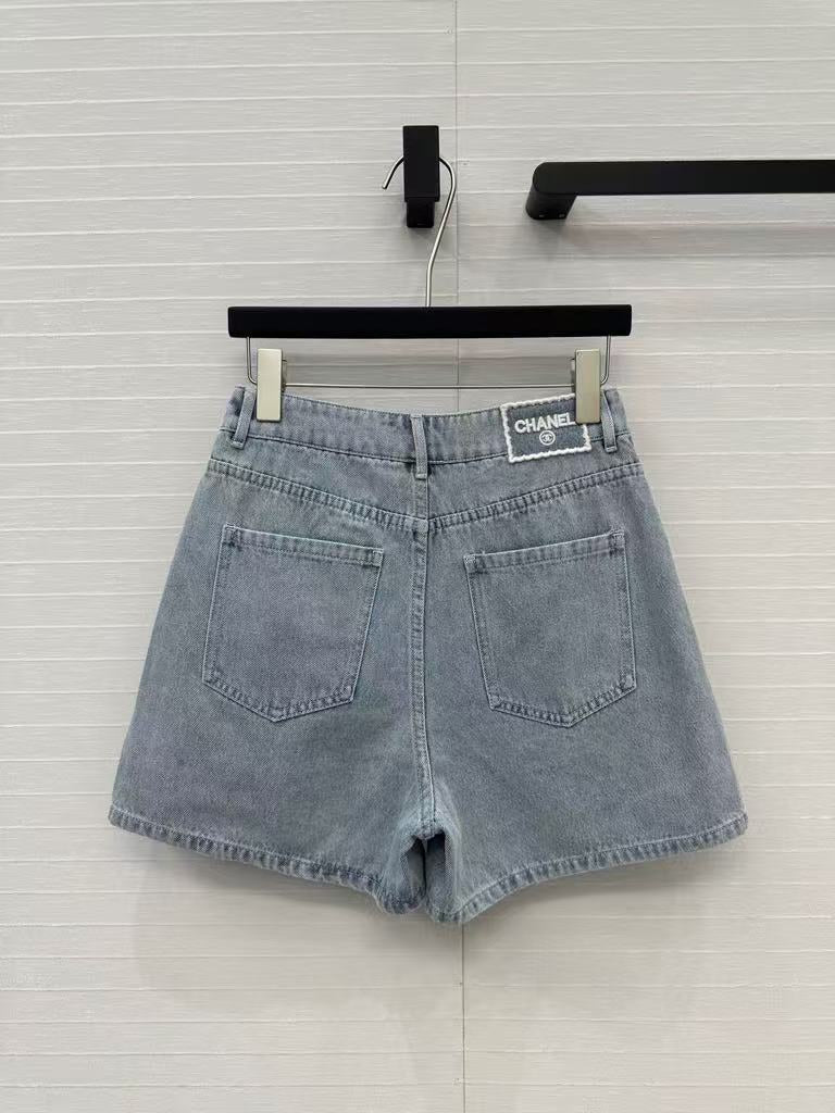 25SS Beach Series Double C Hollow Water soluble Flower Embroidered Cowboy Shorts