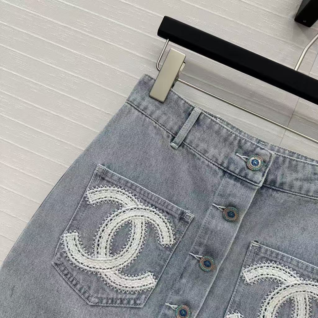 25SS Beach Series Double C Hollow Water soluble Flower Embroidered Cowboy Single breasted Short Half Skirt