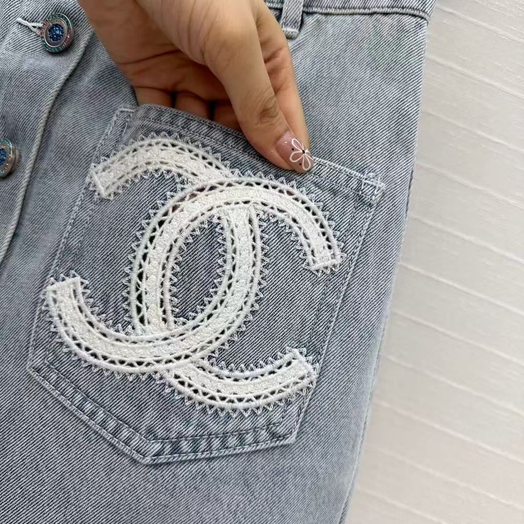 25SS Beach Series Double C Hollow Water soluble Flower Embroidered Cowboy Single breasted Short Half Skirt
