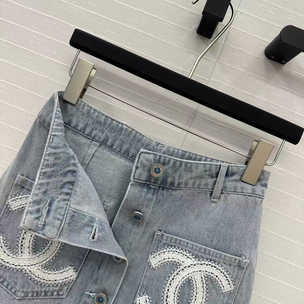 25SS Beach Series Double C Hollow Water soluble Flower Embroidered Cowboy Single breasted Short Half Skirt