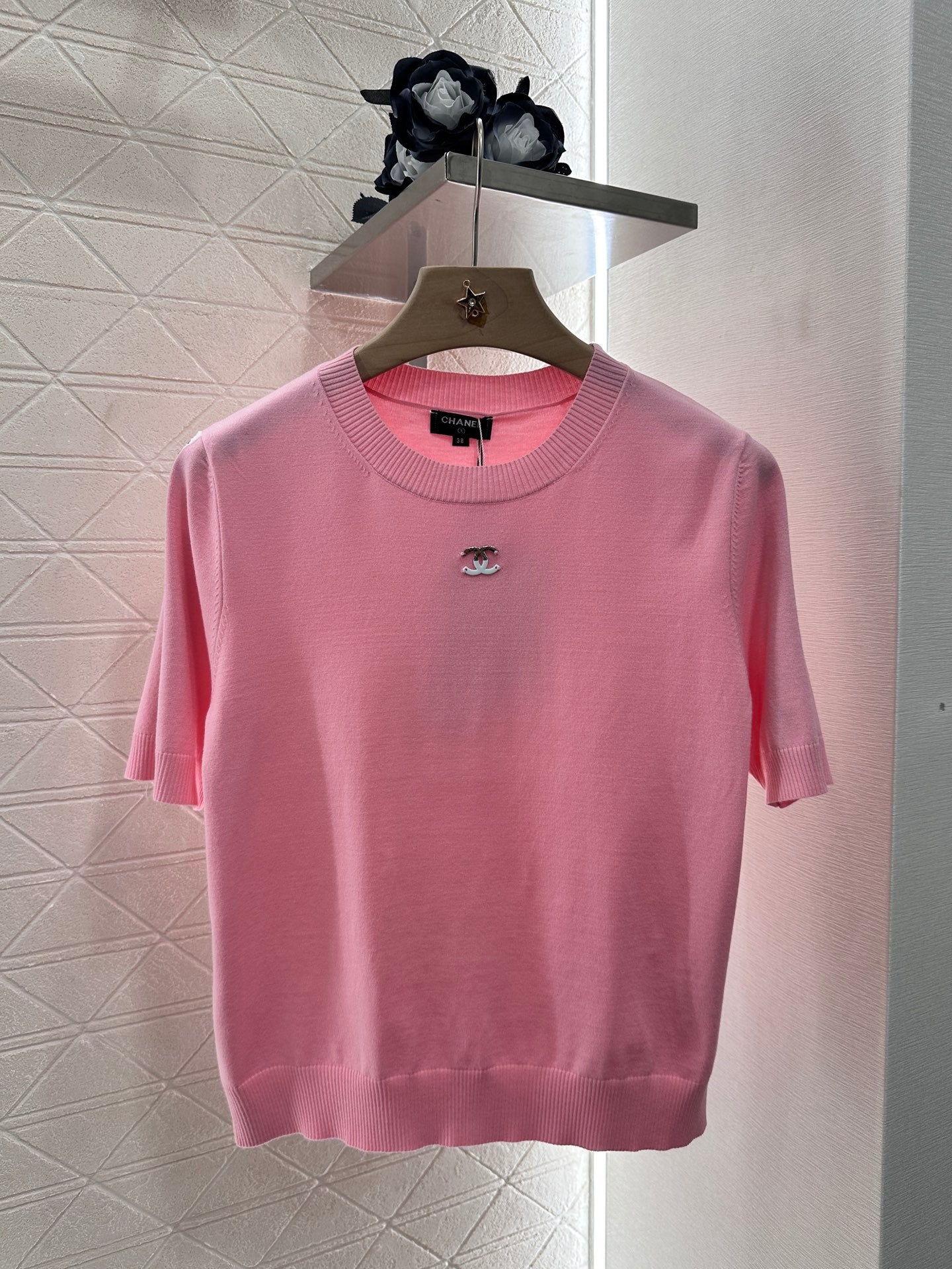 2025 New Arrivals Shoulder Sleeve Sequin Double C Knitted Short Sleeve