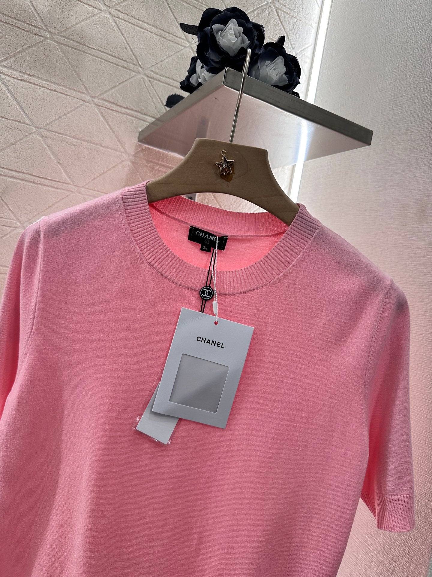 2025 New Arrivals Shoulder Sleeve Sequin Double C Knitted Short Sleeve