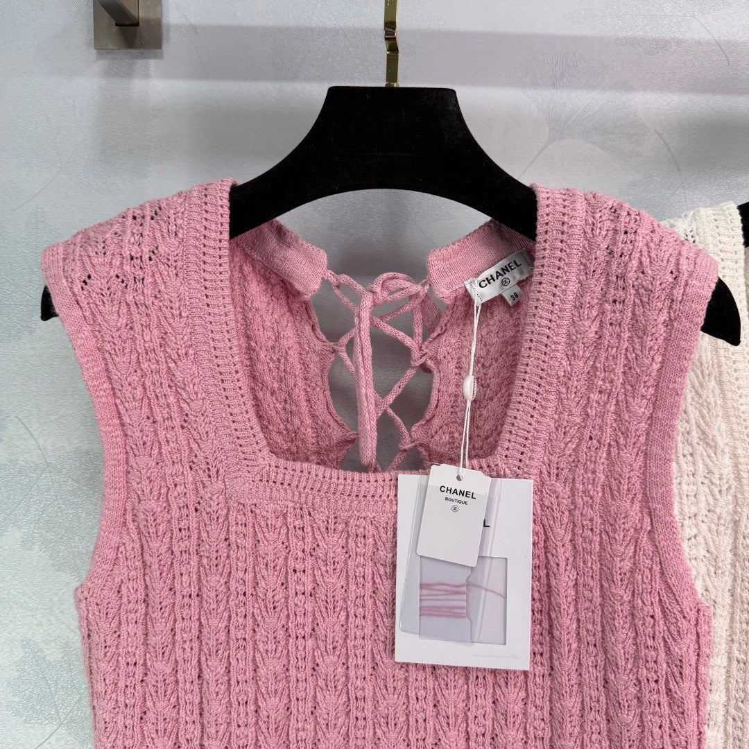 2025 Summer New Square Round Neck Lace-up Knitted Vest