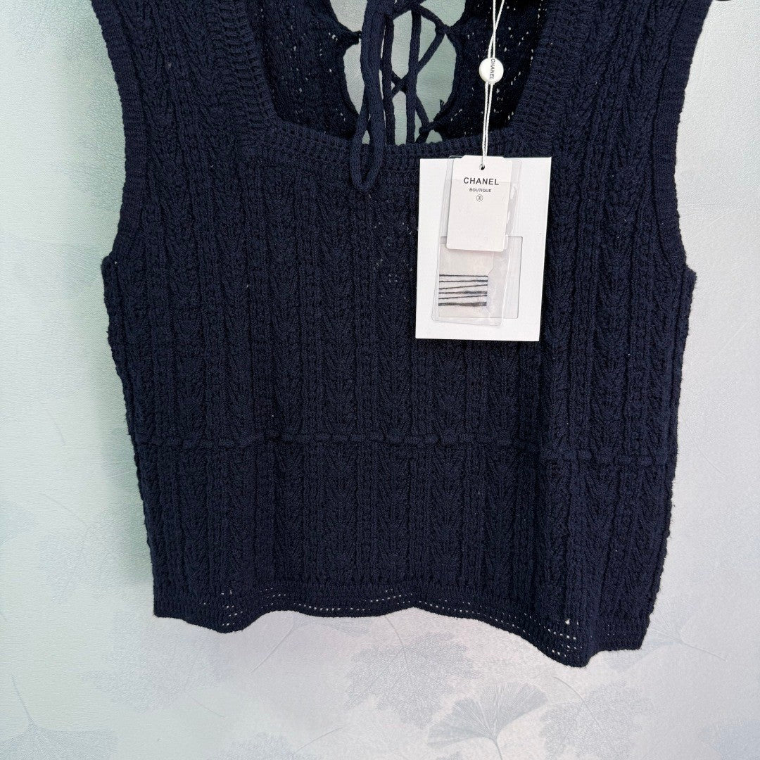 2025 Summer New Square Round Neck Lace-up Knitted Vest