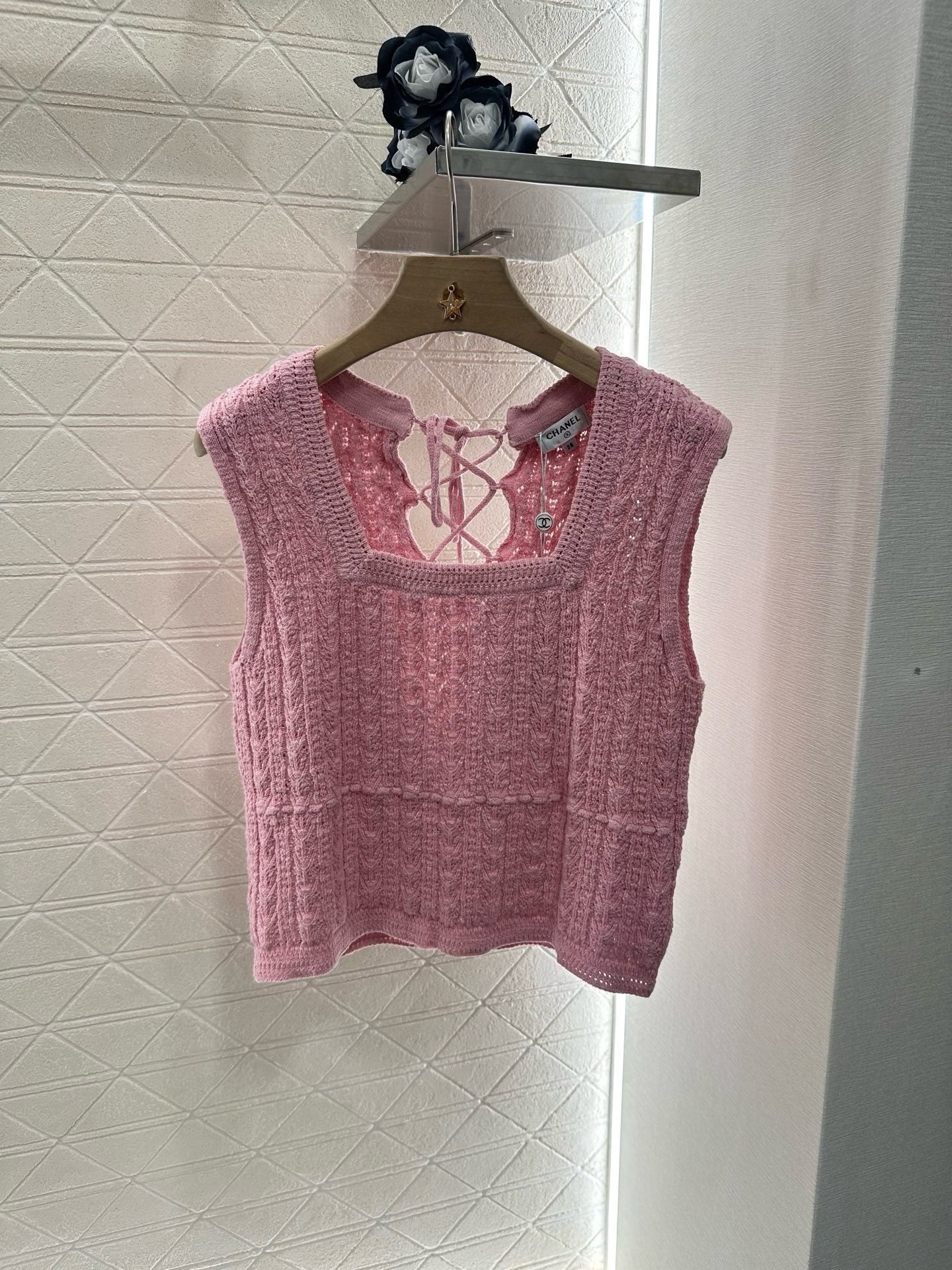 2025 Summer New Square Round Neck Lace-up Knitted Vest