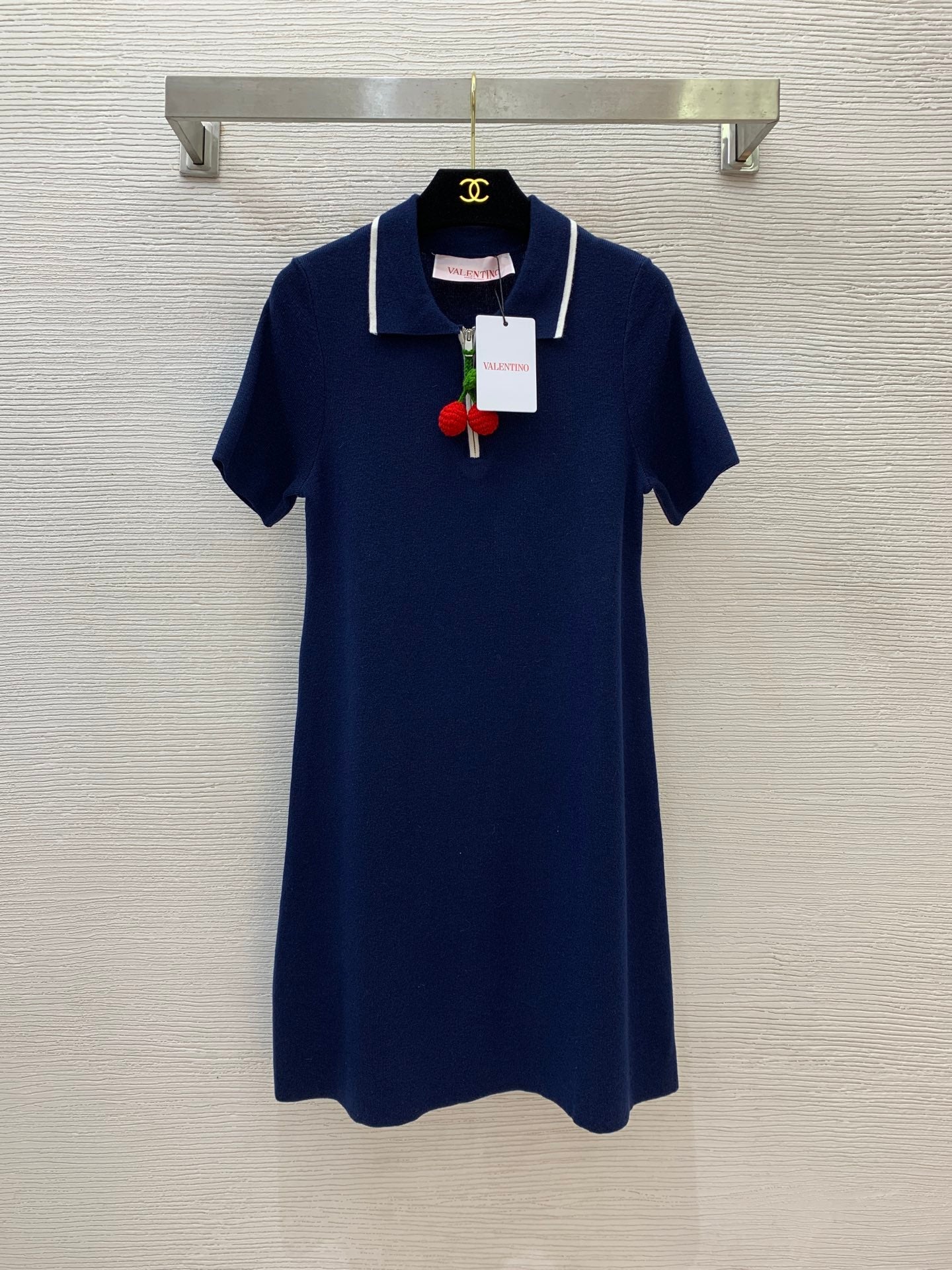 25 Summer new red cherry pendant knitted polo dress