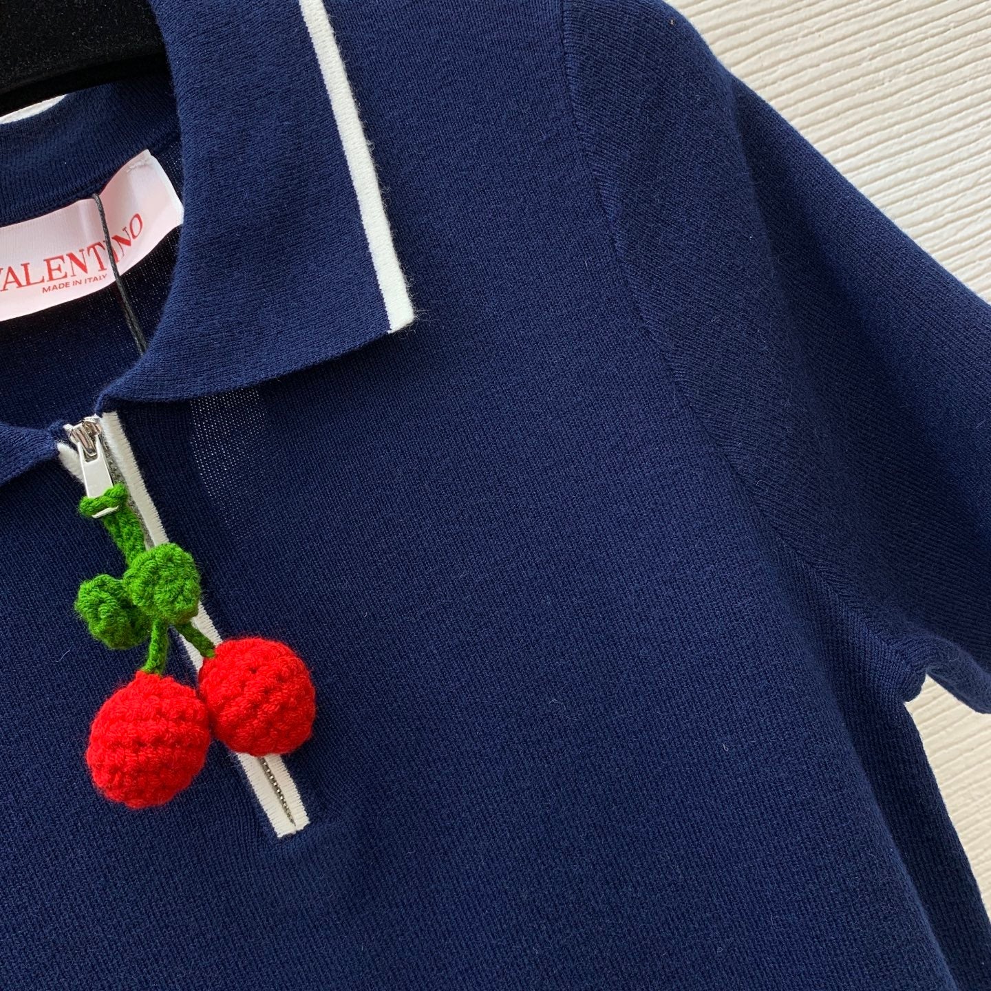 25 Summer new red cherry pendant knitted polo dress