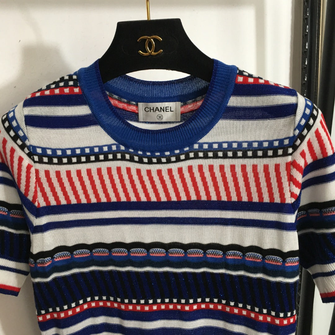 25 Summer New Contrast Striped Hip Slim Fit Knitted Short Sleeve Dress