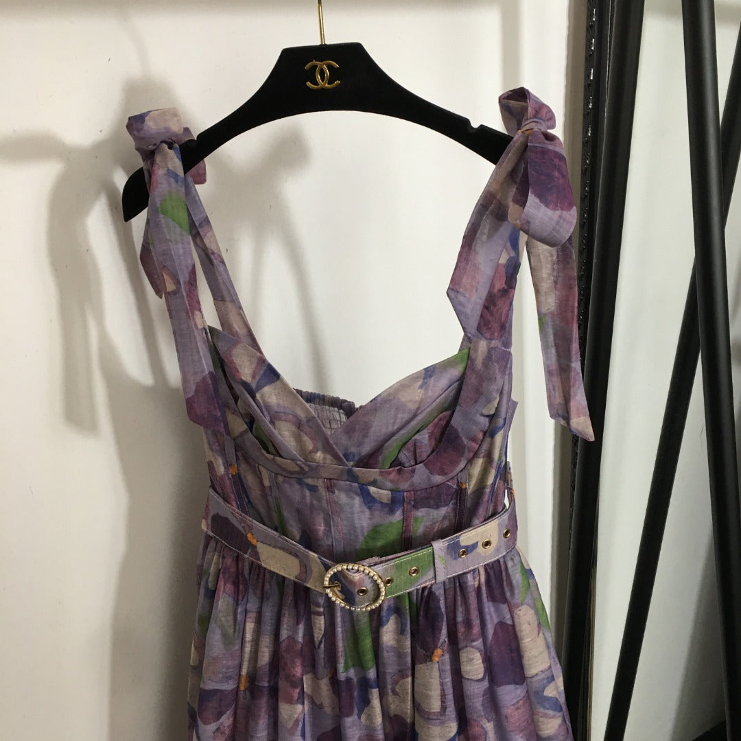 25 Summer new flower print elegant temperament bow suspender dress