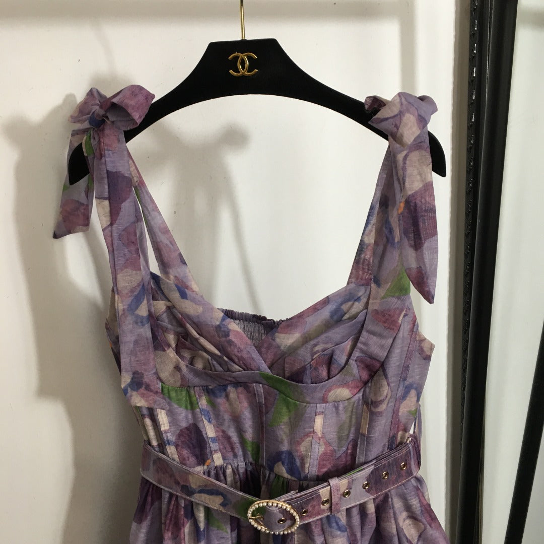 25 Summer new flower print elegant temperament bow suspender dress