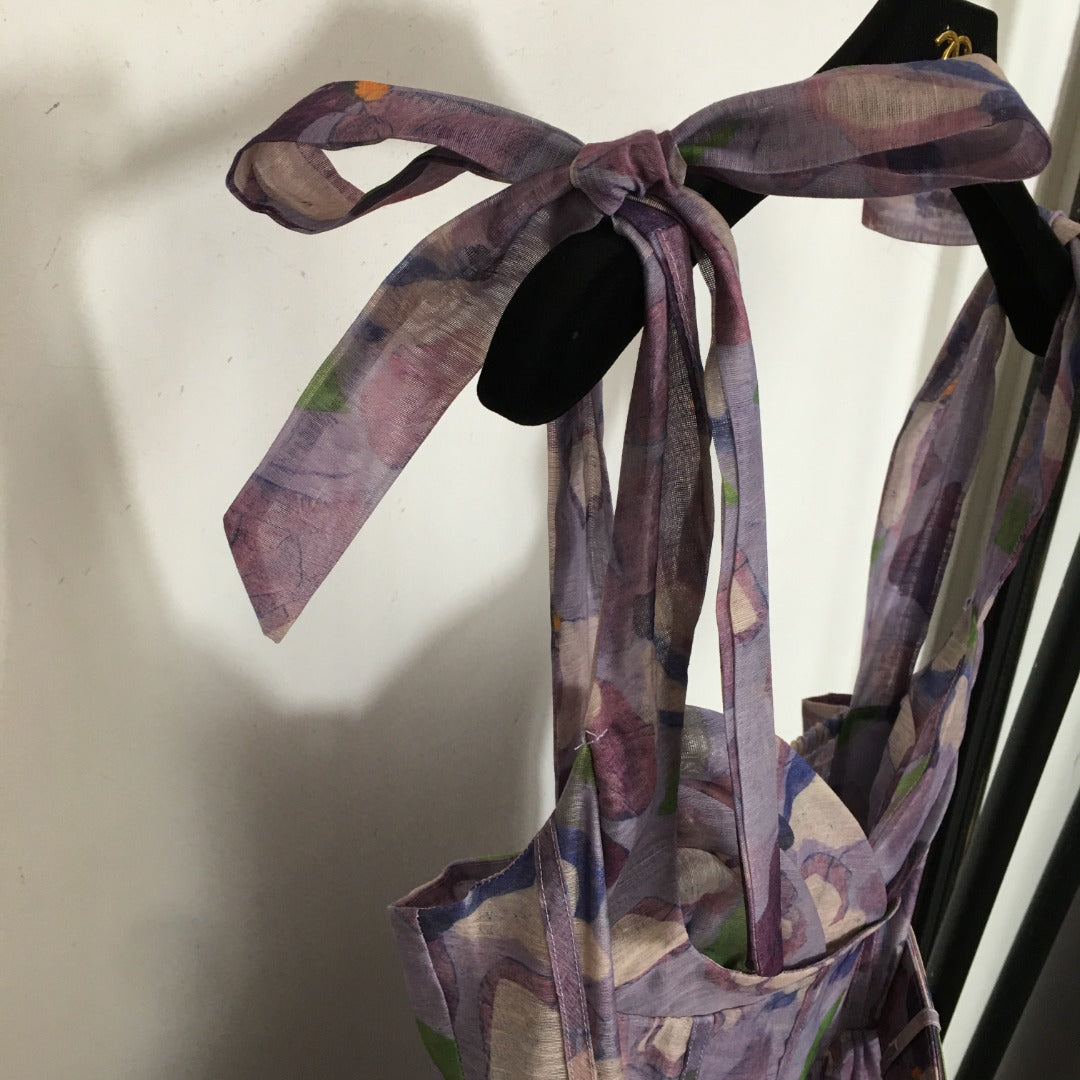25 Summer new flower print elegant temperament bow suspender dress