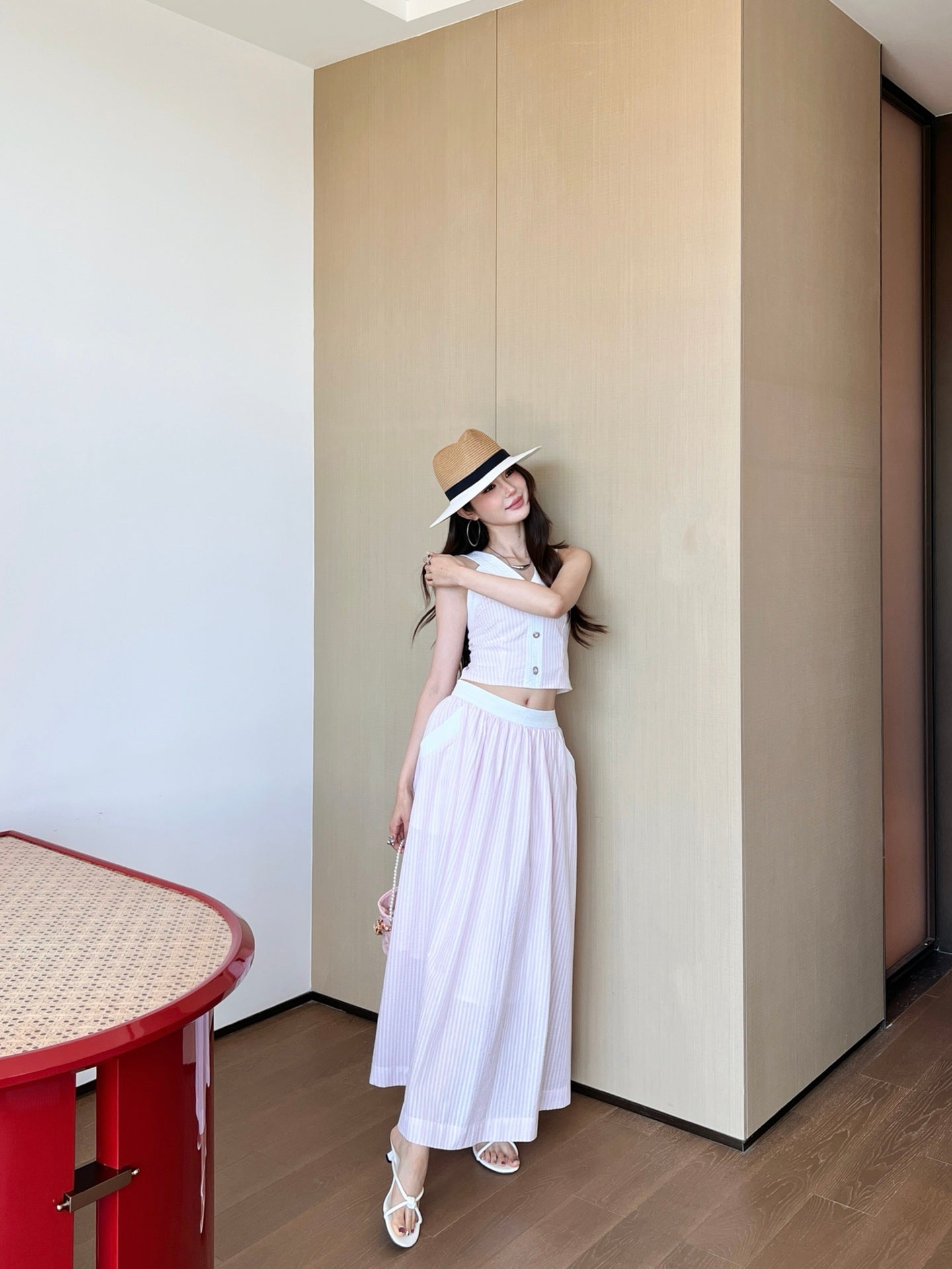 C 25 V-Neck Striped Camisole + Long Skirt Set
