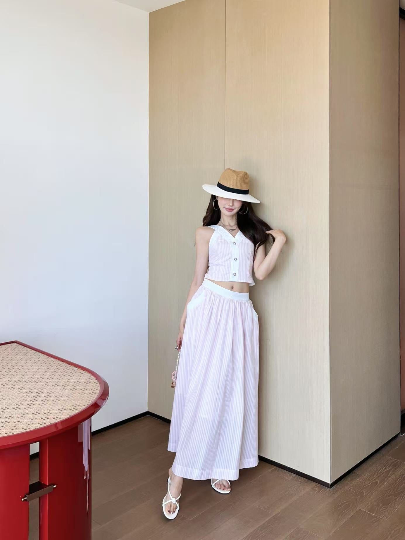 C 25 V-Neck Striped Camisole + Long Skirt Set