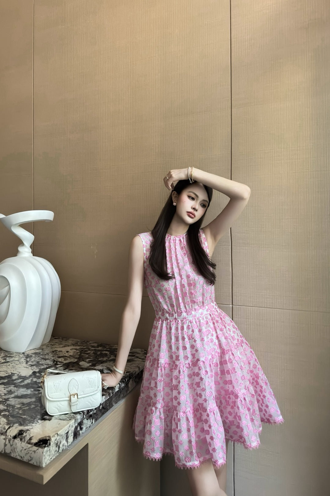 25Ss Spring and Summer New Jacquard Micro-transparent Round Neck Sleeveless Dress