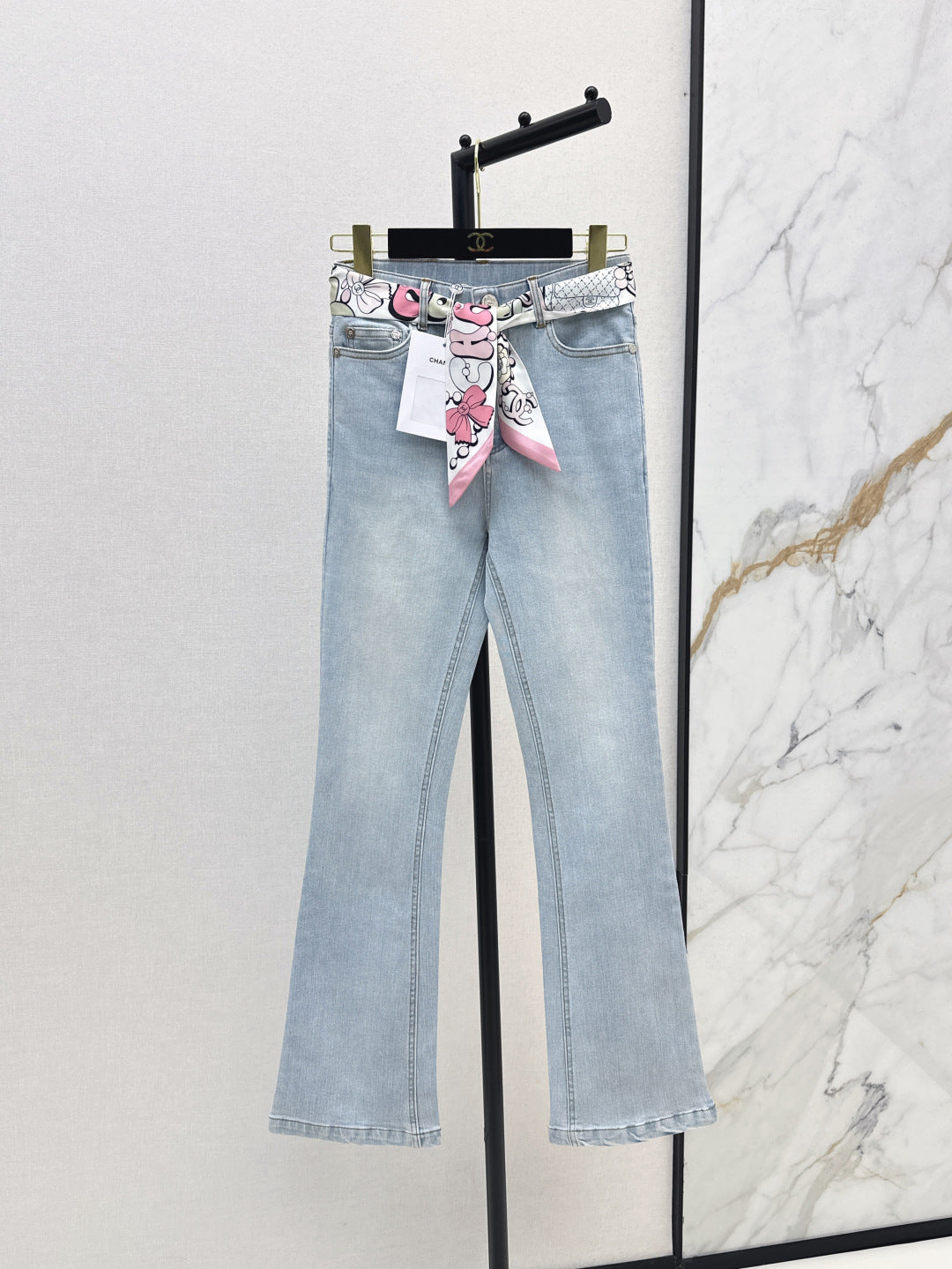 25Ss Spring and Summer New Silk Scarf Ribbon High Waist Slim Jeans