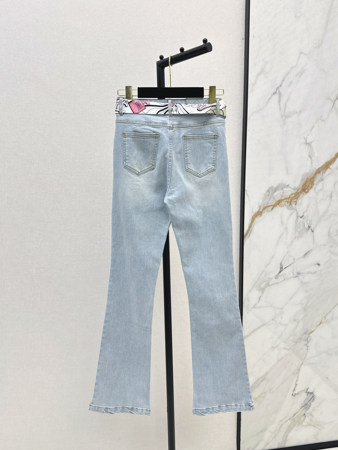 25Ss Spring and Summer New Silk Scarf Ribbon High Waist Slim Jeans