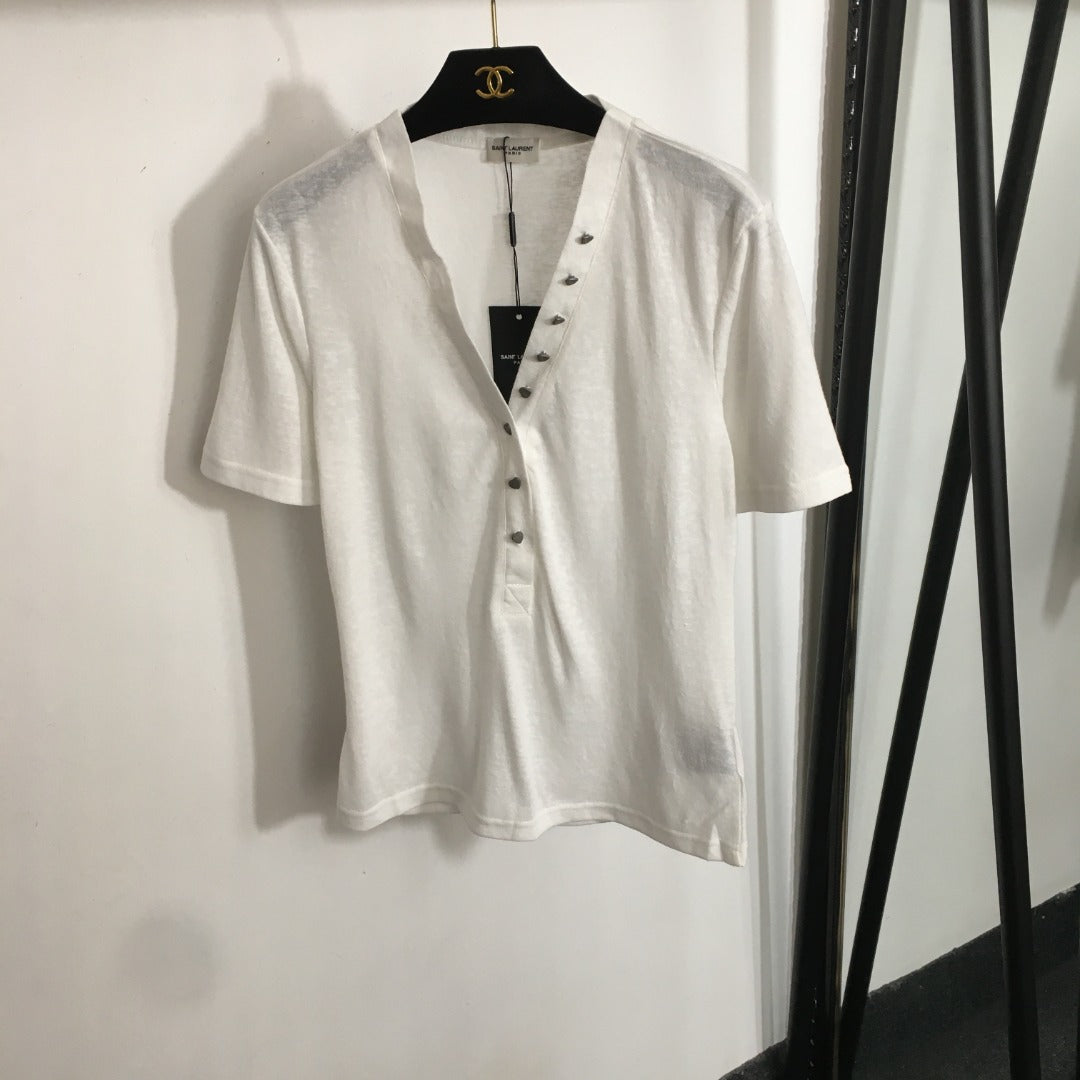 25 Summer new love button V-neck short-sleeved cotton T-shirt top
