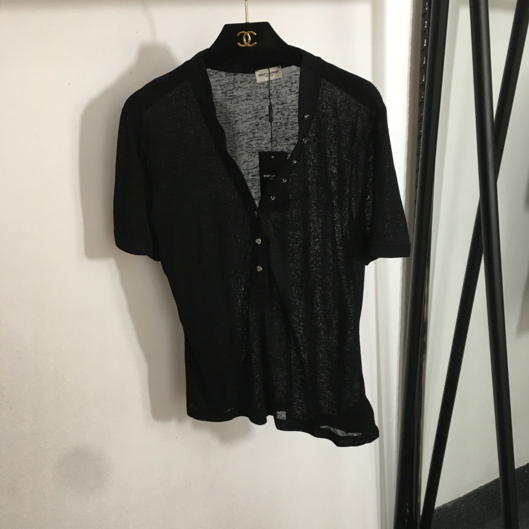 25 Summer new love button V-neck short-sleeved cotton T-shirt top